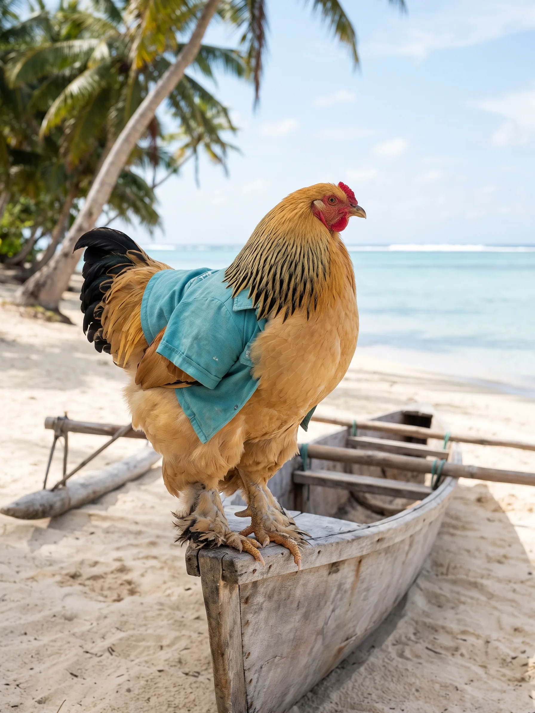 A Buff Brahma rooster with golden buff plumage, black-striped hackles and feathered feet in a faded turquoise short-sleeved cotton shirt, perched on the bow of a small wooden outrigger canoe drawn up on pale sand, coconut palms leaning over a calm turquoise Pacific lagoon under a bright sky