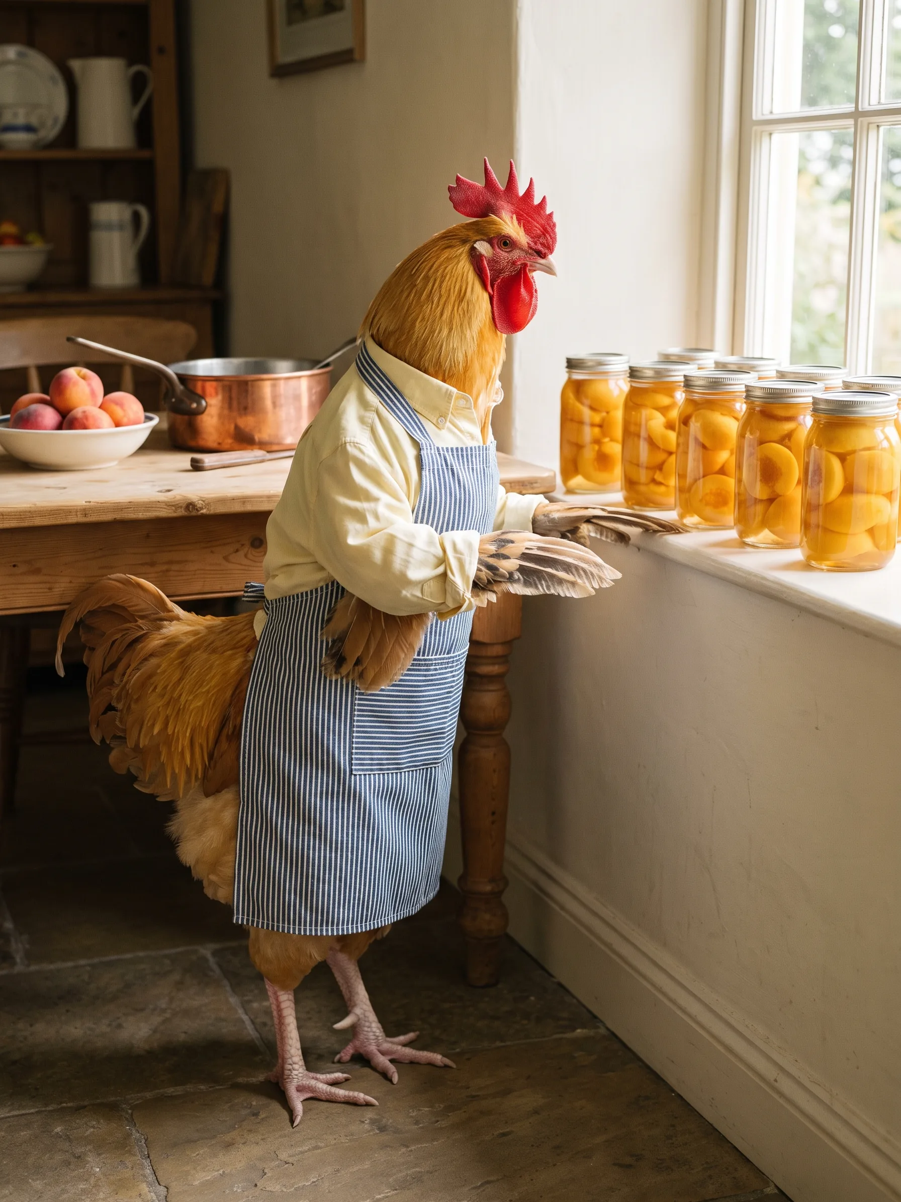 A Buff Sussex rooster with golden-buff plumage, standing upright in a blue-and-white striped apron over a pale yellow shirt at a kitchen windowsill lined with glass jars of golden peach halves, a copper pan and a bowl of ripe peaches on the scrubbed wooden table behind him, a dresser with jugs and plates, warm afternoon light through the window