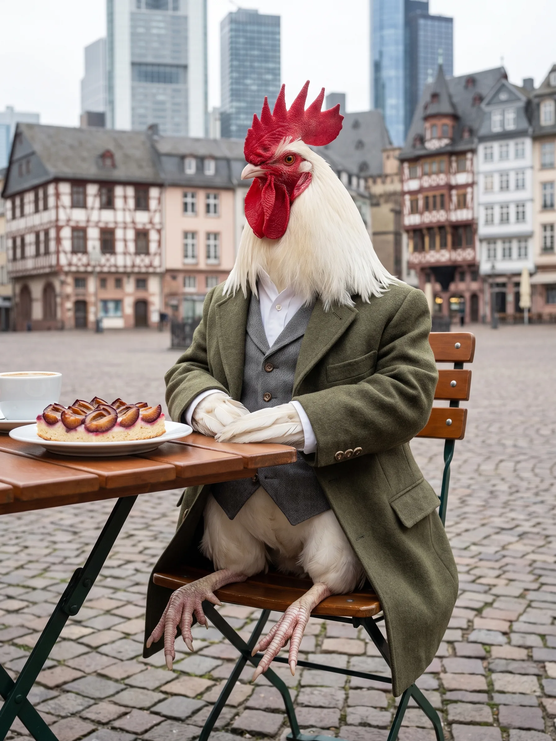 A White Dorking rooster with pure white plumage and a large single red comb, seated upright on a folding café chair in a loden-green wool coat over a grey waistcoat and white shirt, a slice of plum cake and a cup of coffee on the wooden table beside him, half-timbered houses on an empty cobbled old-town square and the glass towers of a financial district rising behind under an overcast sky