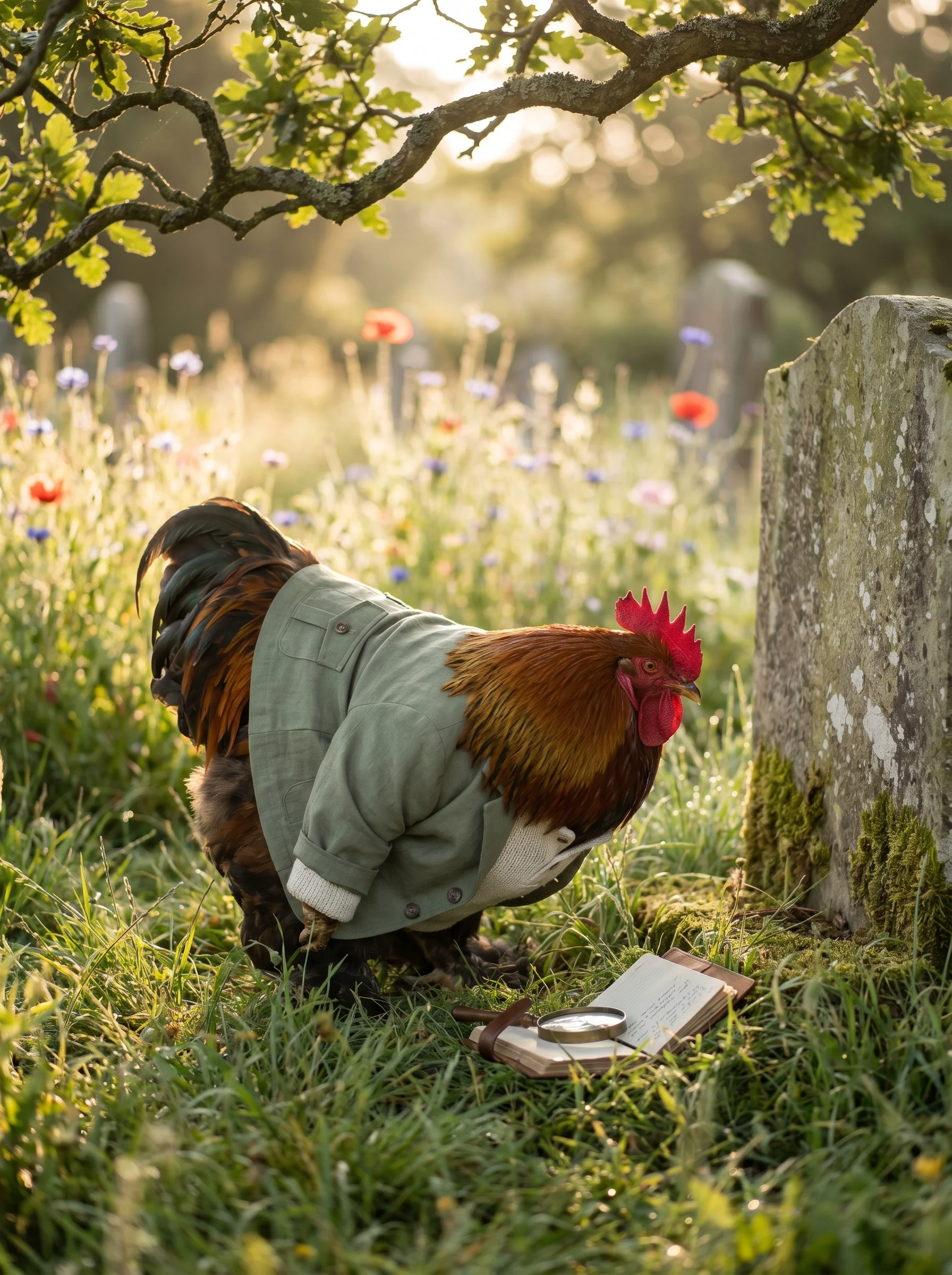 A Partridge Cochin rooster in a sage linen field jacket over a cream henley, crouching low beside a weathered limestone headstone in an overgrown wildflower cemetery meadow, a leather-bound field notebook and magnifying glass on the grass beside him, soft golden morning light filtering through old oak branches