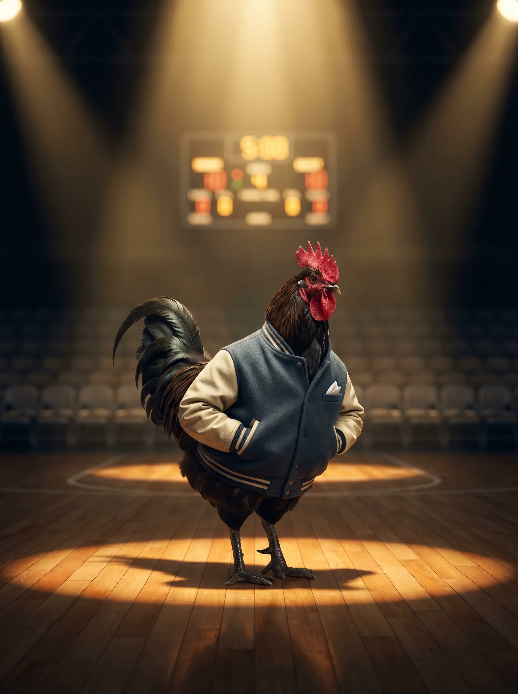 A Black Copper Marans rooster in a slate-blue wool varsity jacket with cream leather sleeves standing at center court of an empty basketball arena, dramatic overhead spotlights on polished hardwood floor, scoreboard glowing in soft bokeh behind