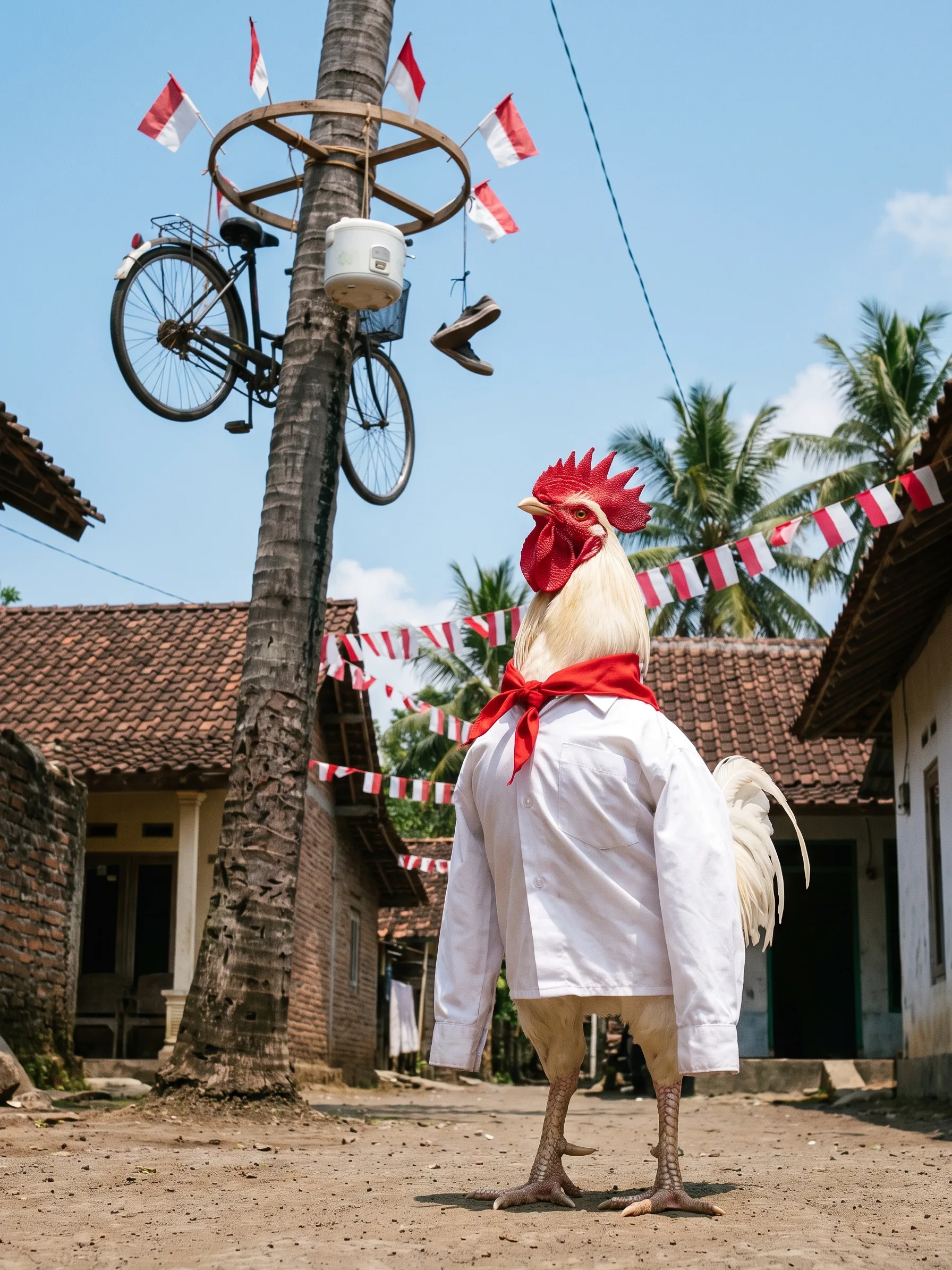 A White Plymouth Rock rooster with clean white plumage and a bright red comb, standing upright like a gentleman in a long-sleeved white cotton shirt with a red scarf knotted at the neck, empty cuffs at his sides, beside a tall palm-trunk pole in an Indonesian village lane, a wooden hoop at the top of the pole hung with a bicycle, a white rice cooker, a pair of shoes and small red-and-white flags, red-and-white bunting strung between tiled-roof houses and palm trees under a blue sky