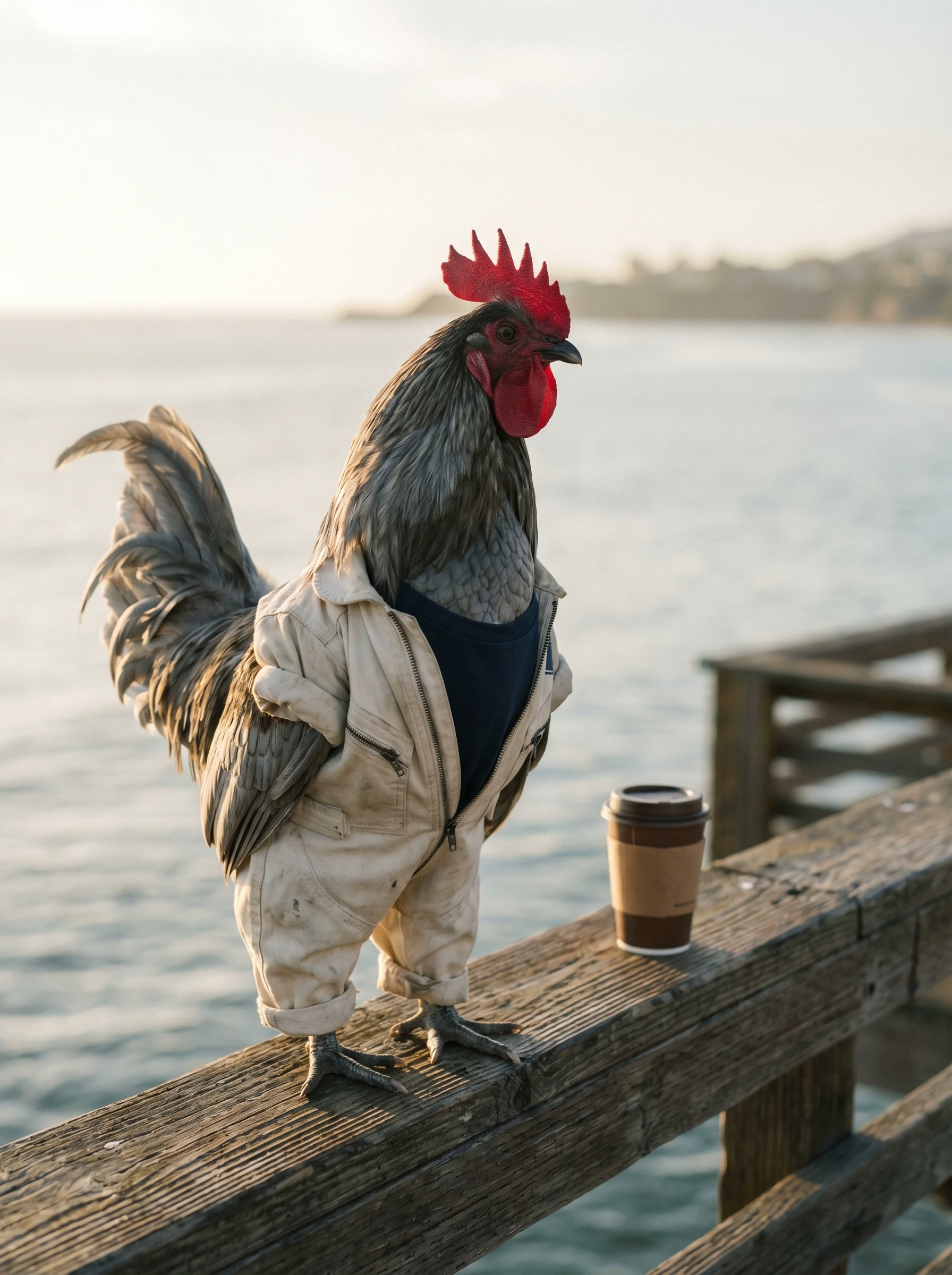 A Blue Andalusian rooster in a cream canvas flight suit perched on the railing of a weathered wooden pier at dawn, a paper coffee cup beside him, calm ocean and golden morning light behind