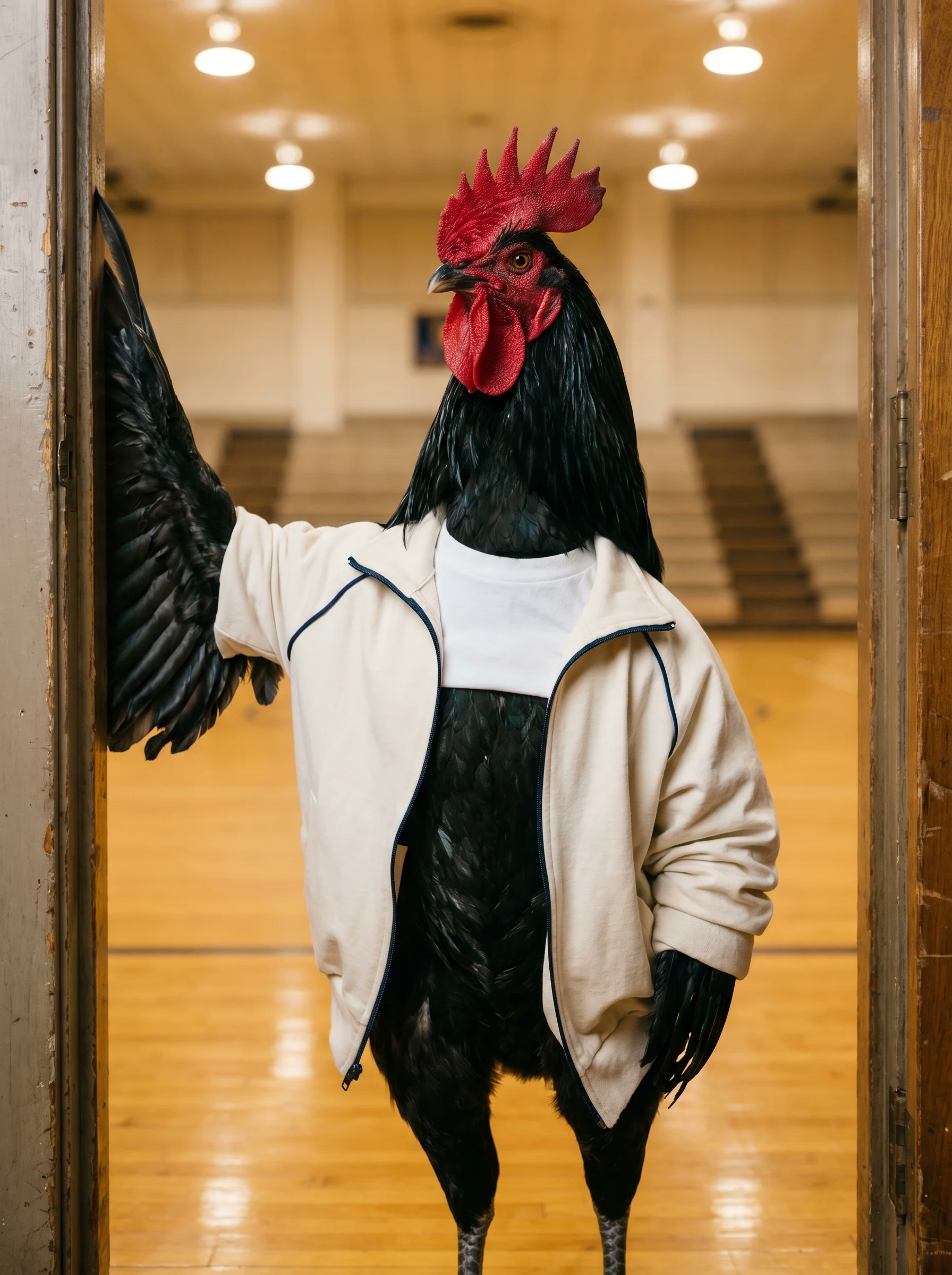 A tall black Modern Game rooster in a cream warm-up jacket with navy piping over a white t-shirt, standing in the wooden doorway of an empty gymnasium, one wing resting on the doorframe, hardwood basketball court and bleachers behind him in warm overhead light