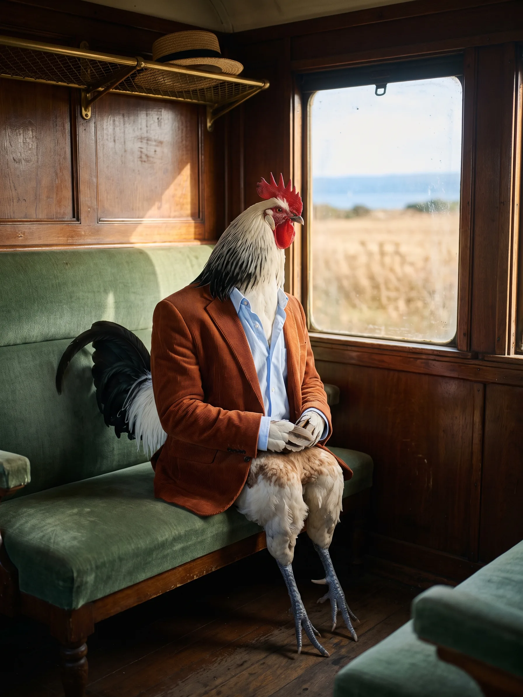 A Lakenvelder rooster with a white body, a black hackle and a black tail, seated upright on a green velvet bench by the window of an old wood-panelled train compartment, in a rust-coloured corduroy jacket over a pale blue shirt, a straw boater on the brass luggage rack above him, late-afternoon sun on dry golden fields and a strip of blue sea in the window