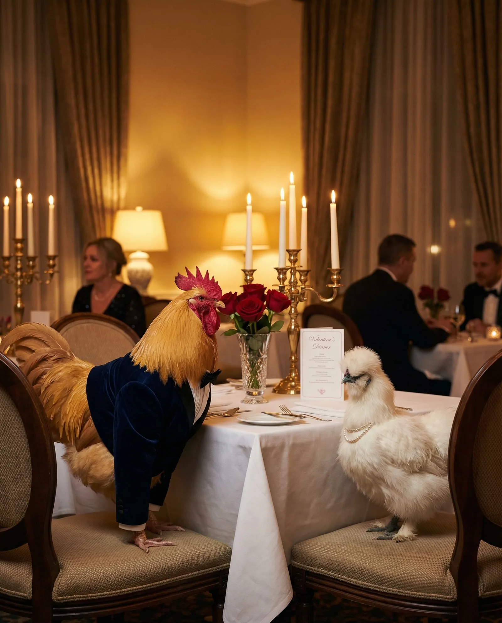 A handsome Buff Orpington rooster in a midnight navy dinner jacket seated at an elegantly set candlelit table across from a beautiful Silkie hen wearing a delicate pearl necklace, red roses between them, warm romantic lighting