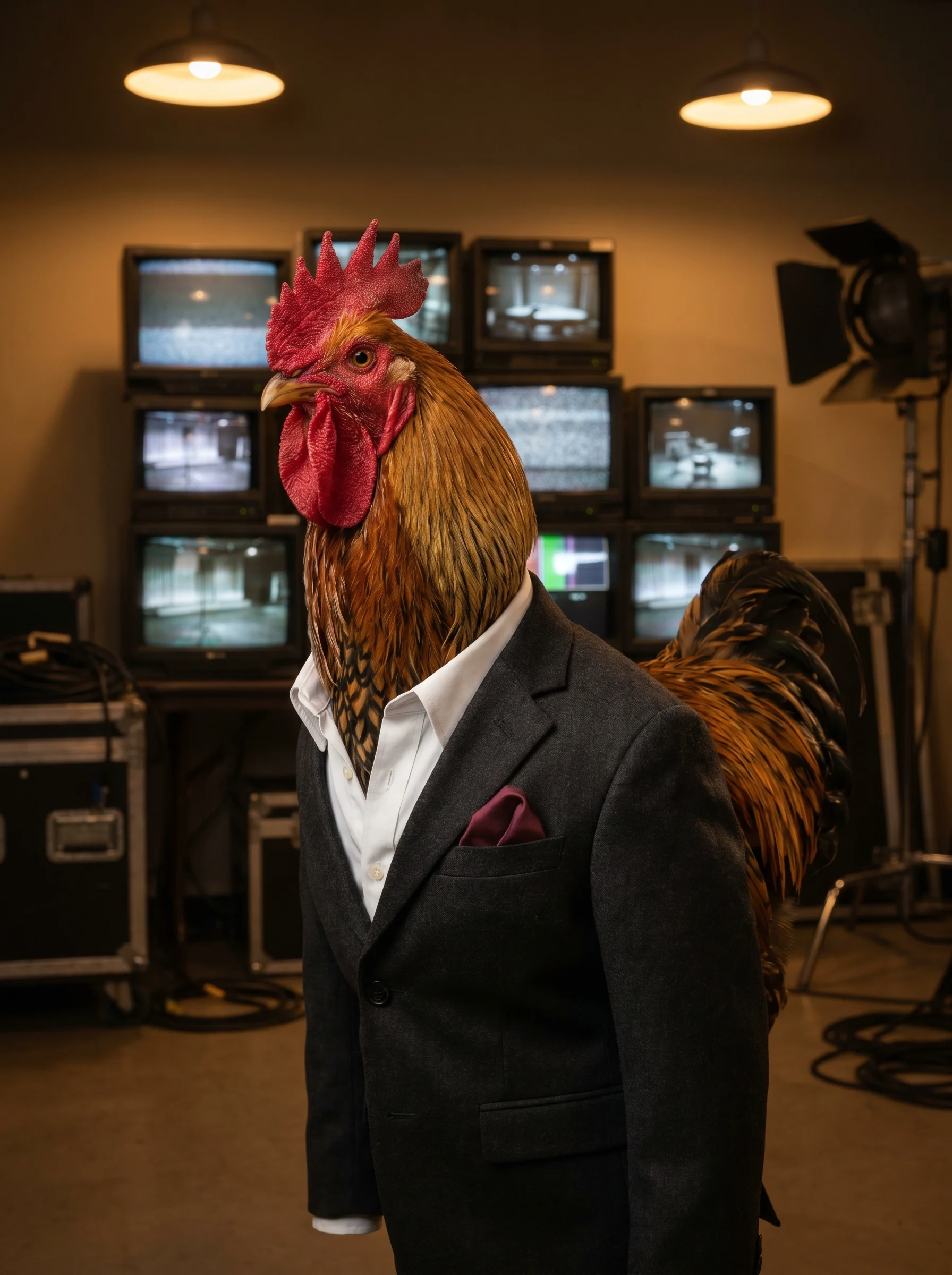 A Golden Laced Wyandotte rooster in a charcoal suit with a burgundy pocket square and open-collar white shirt, standing in a dimly lit backstage area in front of a wall of vintage television monitors showing various camera angles, warm tungsten pendant lights overhead, production equipment and cables in soft bokeh