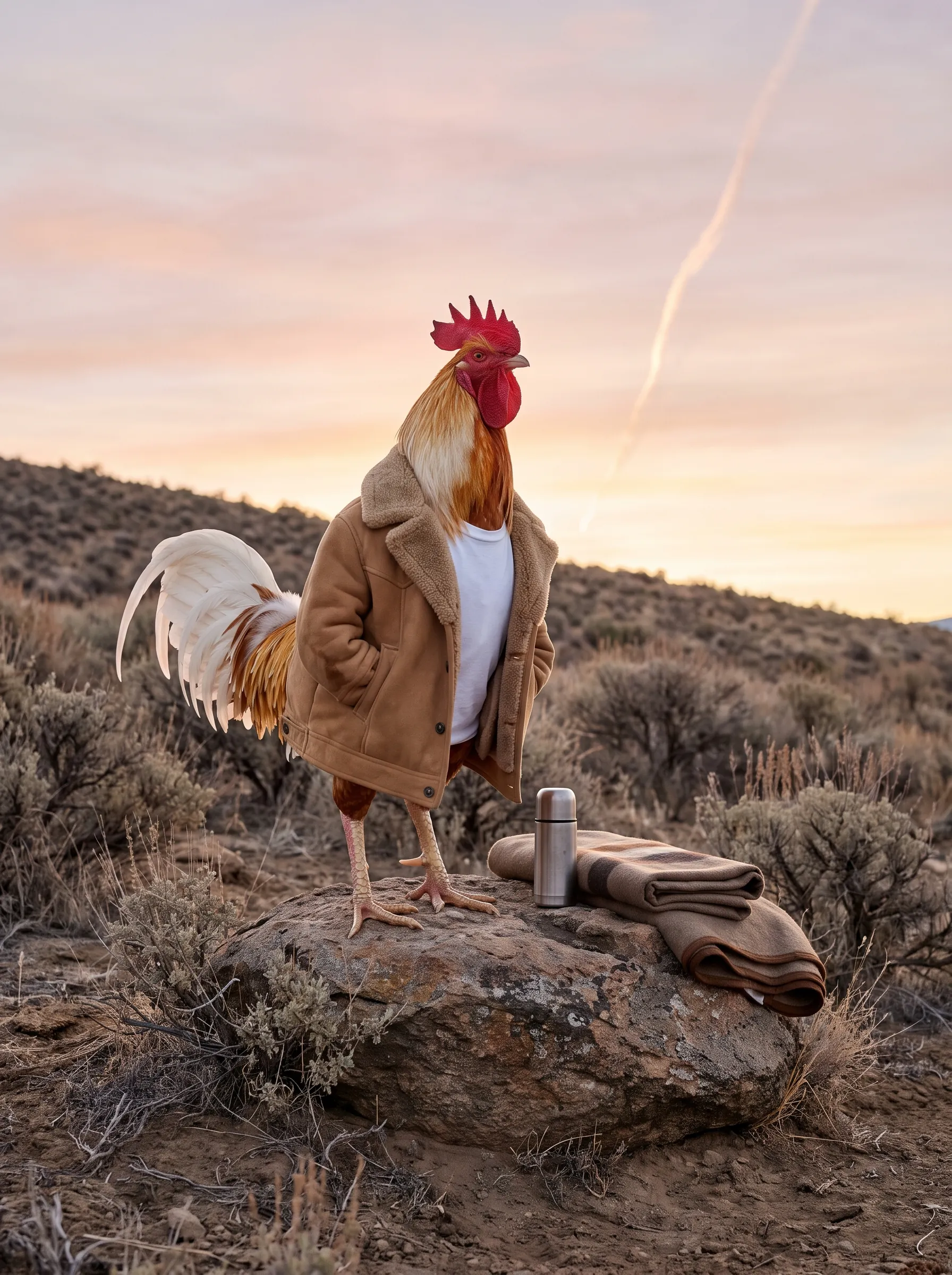 A Red Pyle Old English Game rooster with white and red-gold plumage in a tan suede jacket with a shearling collar over a white t-shirt, standing on a rock among desert sagebrush at dawn beside a steel thermos and a folded wool blanket, a single pale vapour trail rising across a pink sky