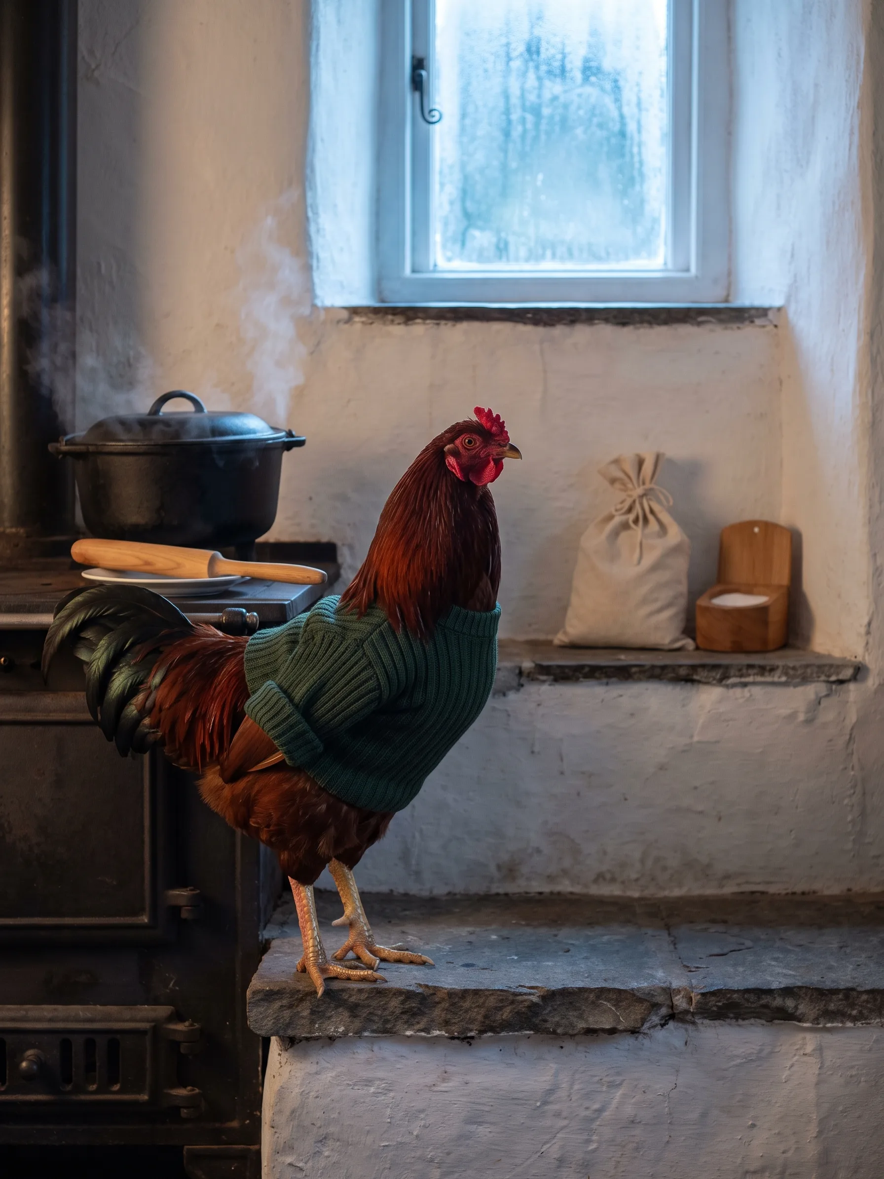 A Buckeye rooster with smooth deep mahogany-red plumage, a small red single comb and a glossy dark green tail, in a dark green ribbed wool gansey cut to fit a bird, standing on scaled yellow rooster legs on a worn grey flagstone hearth beside an old black cast-iron range in a whitewashed Highland cottage kitchen, a lidded black iron pot on the range with steam escaping, a plain wooden stirring stick resting across a white saucer, a cloth bag of oats tied with string and an open wooden salt box on a stone ledge, a small misted-over window above in cool early-morning light
