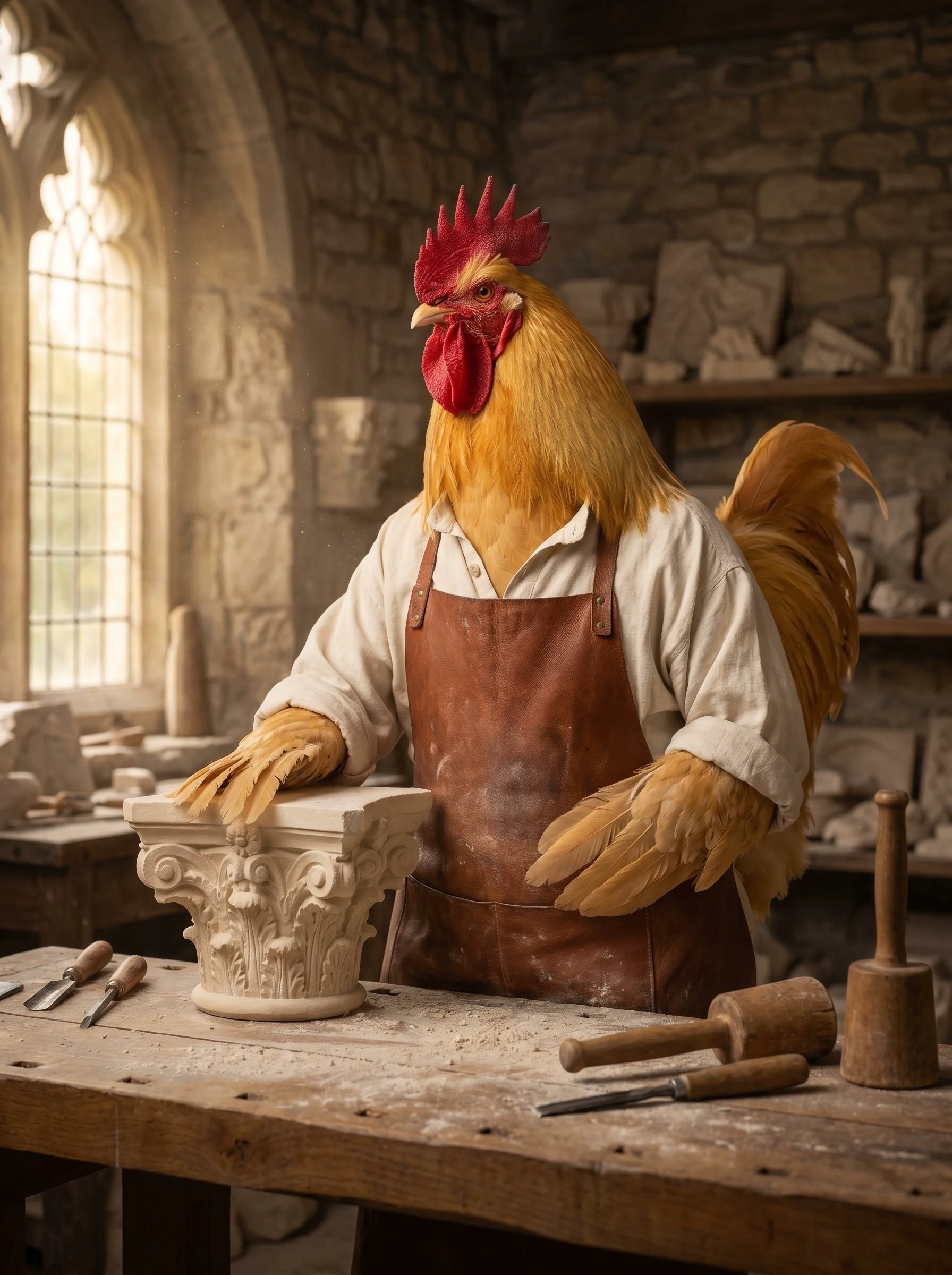 A Buff Orpington rooster in a chestnut leather stonemason's apron over a cream linen collarless shirt, standing at a heavy oak workbench in a dusty stone carving workshop, one feathered wing resting on a finished carved limestone column capital, chisels and a wooden mallet on the workbench, warm amber light streaming through a tall gothic arched window