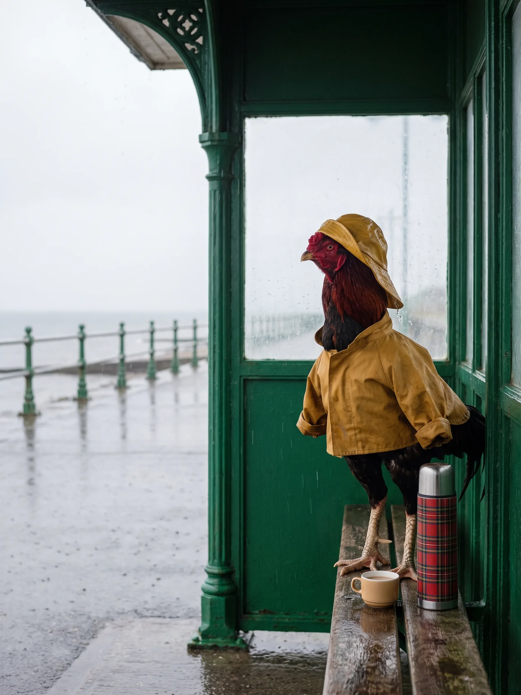 An Aseel rooster with hard, tight deep red and black plumage in a mustard-yellow oilskin rain smock and matching sou'wester hat, standing on the slatted wooden bench of a green-painted Victorian seafront shelter beside a tartan flask and a cup of tea, rain on the glass and on the wet, empty promenade, a green railing and a grey sea beyond