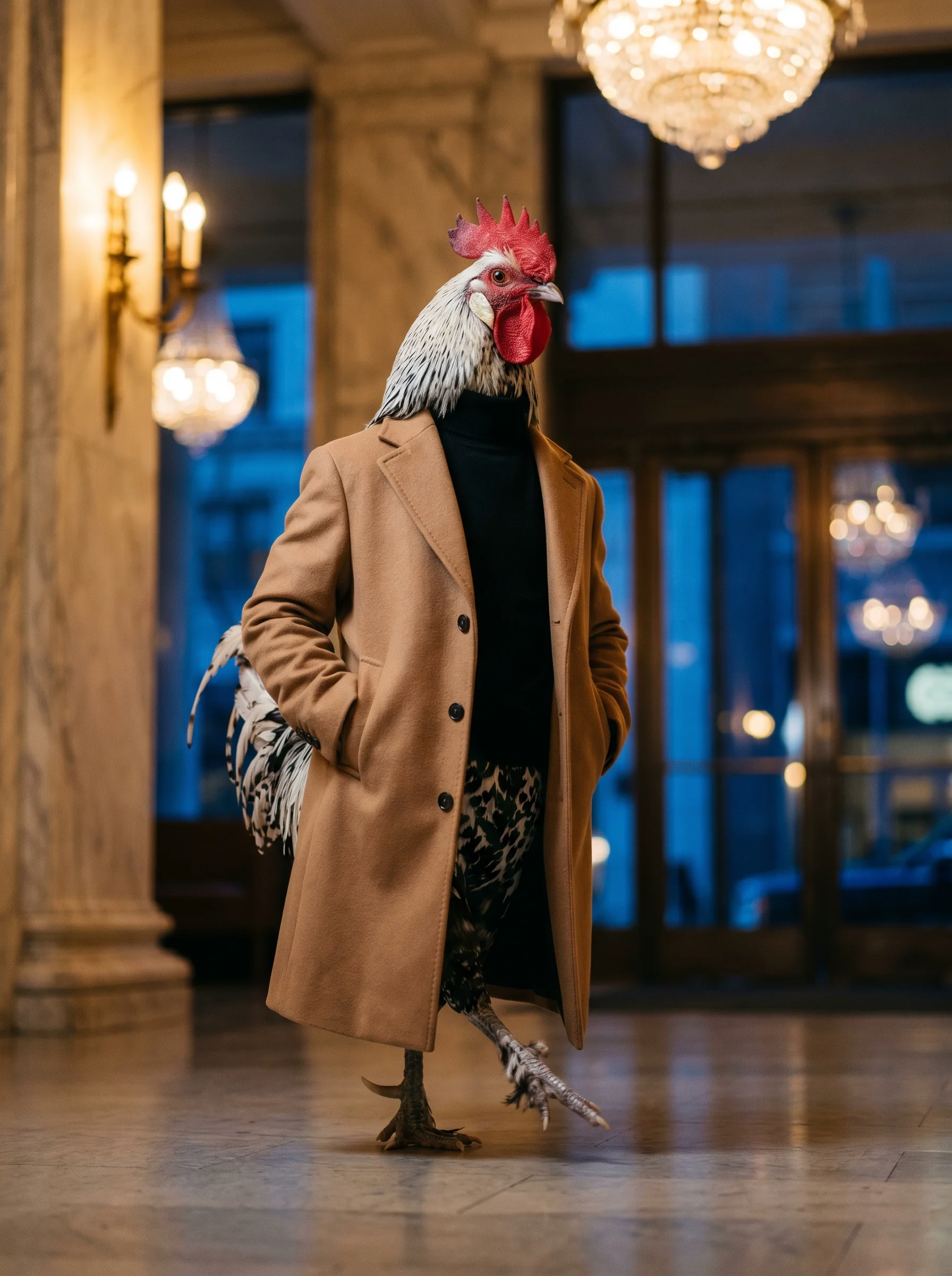 A Silver Spangled Hamburg rooster in a long camel wool overcoat over a black turtleneck, striding through a grand marble foyer with chandeliers and evening blue light through the glass doors behind him