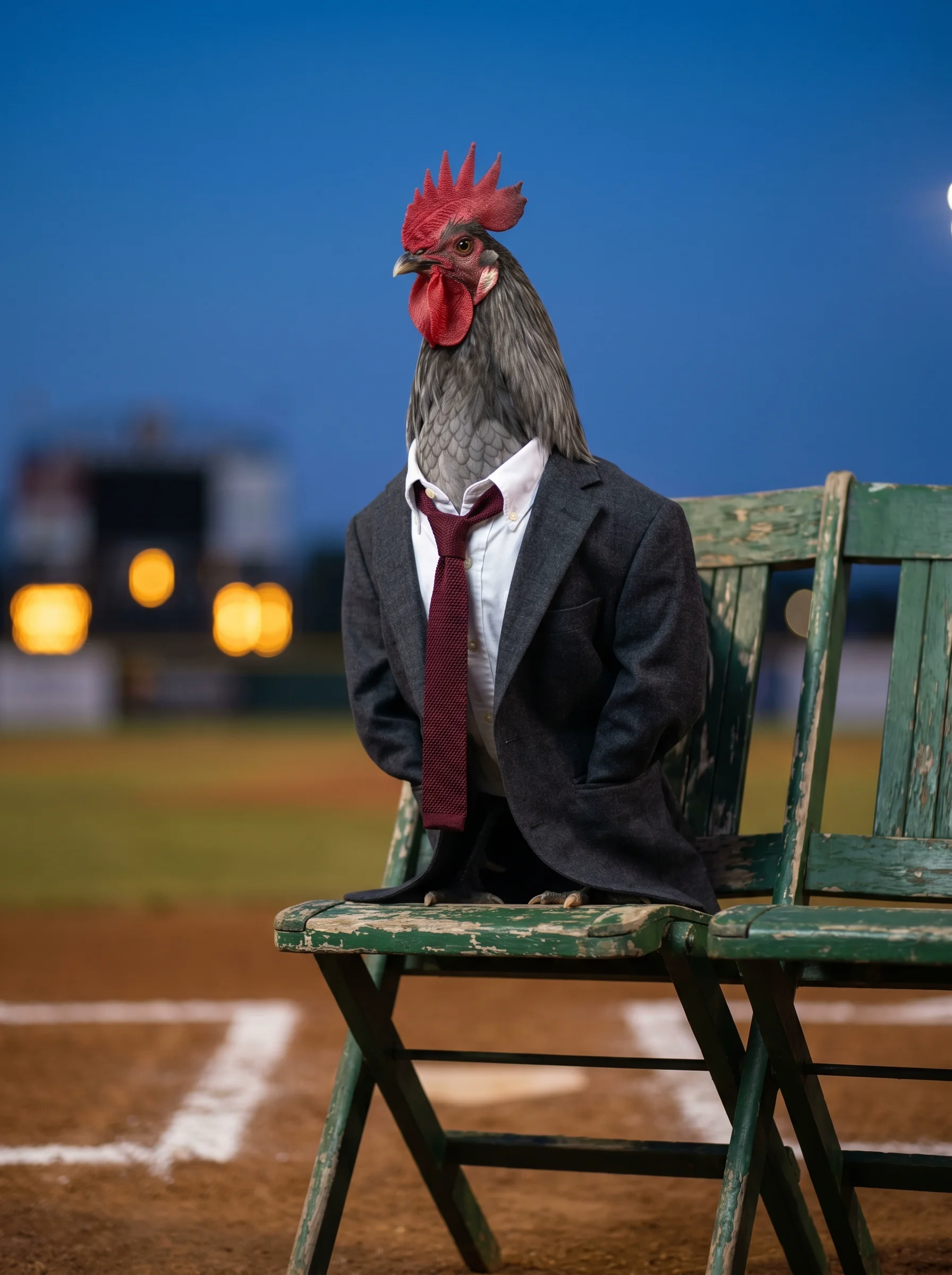 A Blue Andalusian rooster in a charcoal flannel suit jacket and burgundy knit tie, seated on a weathered green wooden chair beside home plate at an empty minor league baseball field at blue hour dusk, stadium lights glowing in warm bokeh behind