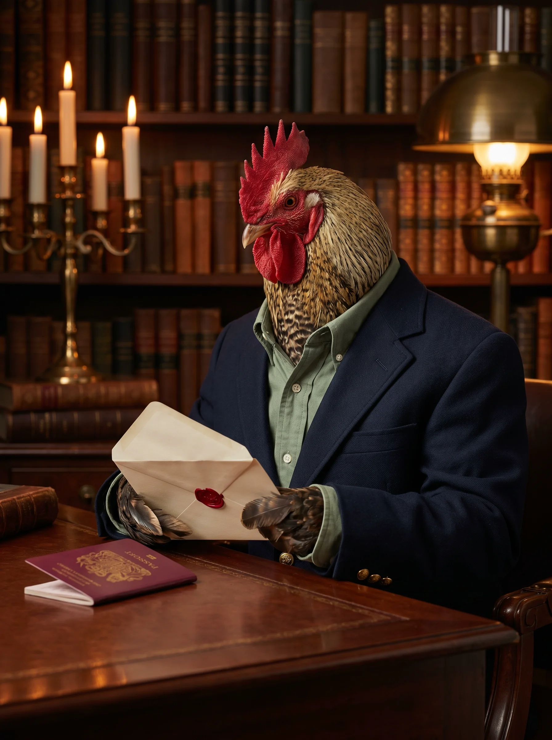 A Welsummer rooster in a navy wool blazer with gold buttons over a sage green cotton shirt, seated at a mahogany writing desk in a candlelit study with leather-bound books, examining a cream envelope with a red wax seal, a burgundy passport on the desk beside him, warm amber light from candelabra and brass desk lamp