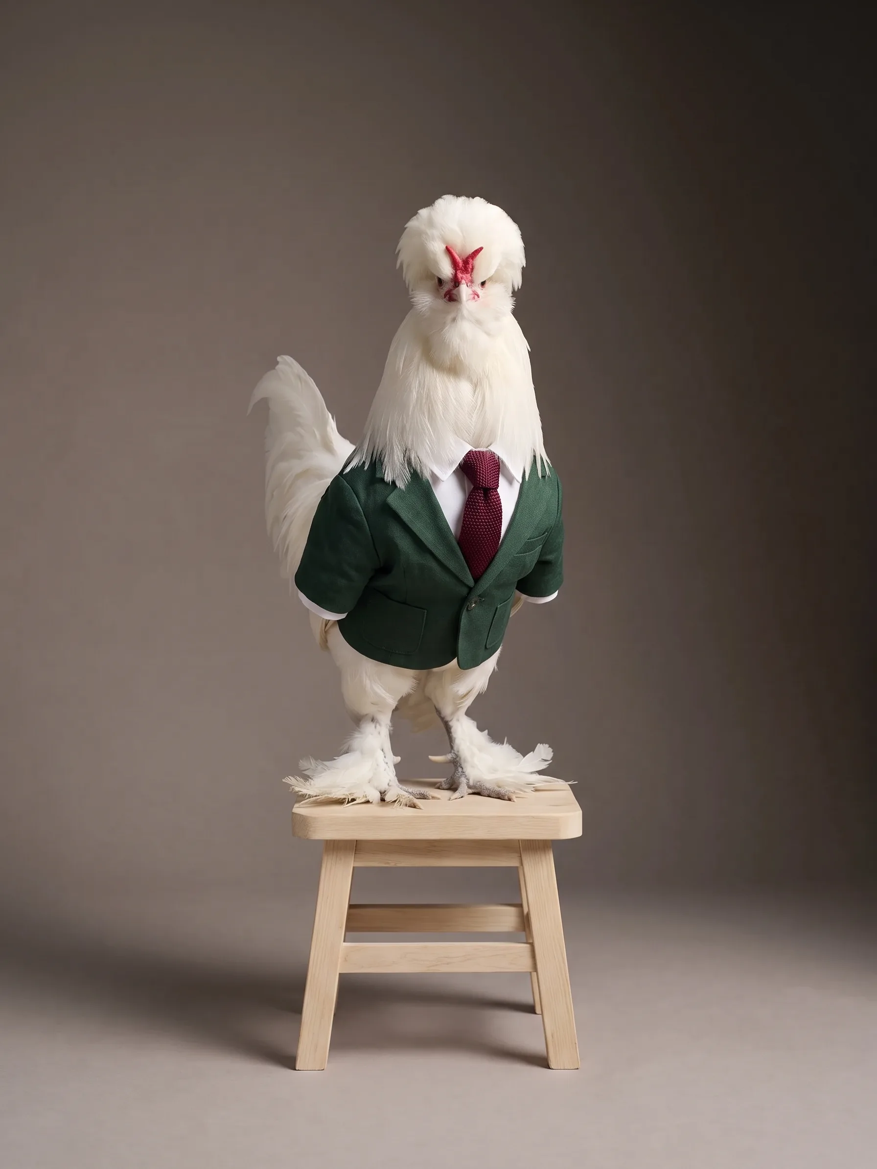 Selim, a snow-white Sultan rooster with a rounded crest, a beard and heavily feathered legs and feet, in a bottle-green linen jacket and burgundy knitted tie, standing on a plain pale wooden stool, facing the camera, on a warm grey studio backdrop