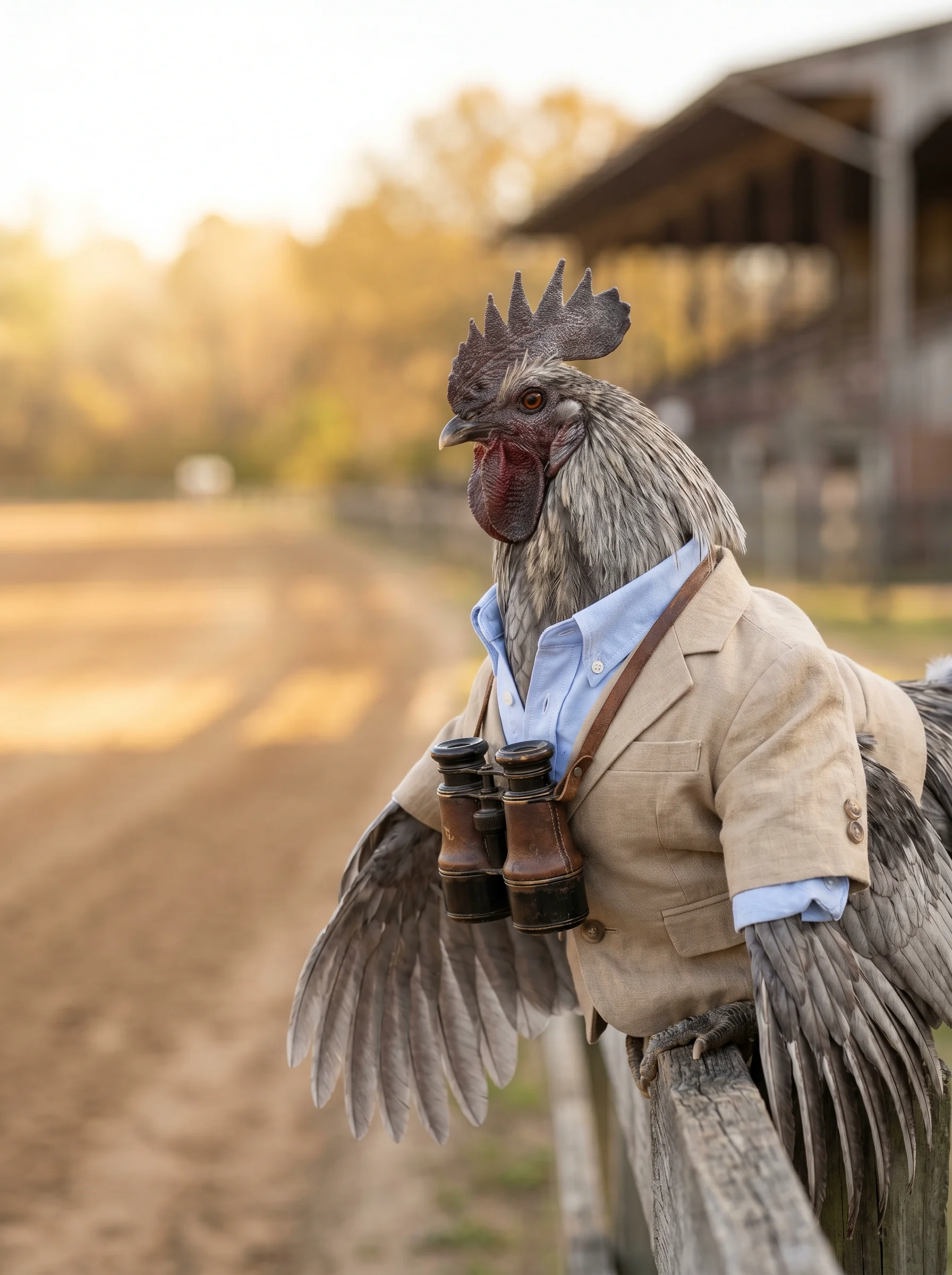A gray Andalusian rooster in a tan linen sport coat and pale blue oxford shirt standing at a wooden racetrack rail at golden hour, vintage binoculars hanging from his neck, dirt track curving away into warm light with a grandstand in soft focus behind