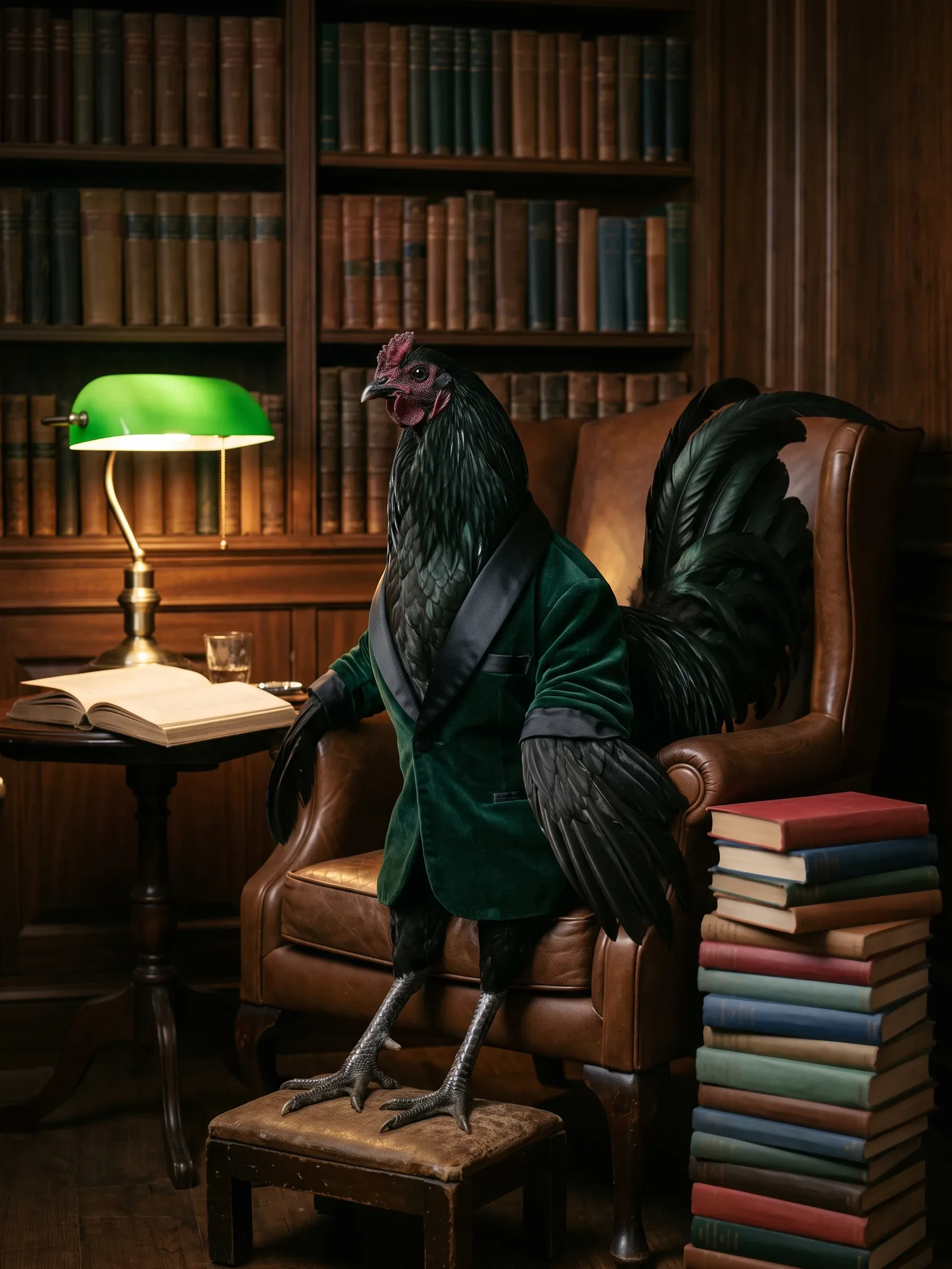 A Black Sumatra rooster with glossy green-black plumage and a long tail, upright like a gentleman in a bottle-green velvet smoking jacket in a wood-panelled library at night, standing on a footstool before a leather wingback chair, an open book on a small side table under a green-shaded brass lamp and a tall stack of cloth-bound books beside him
