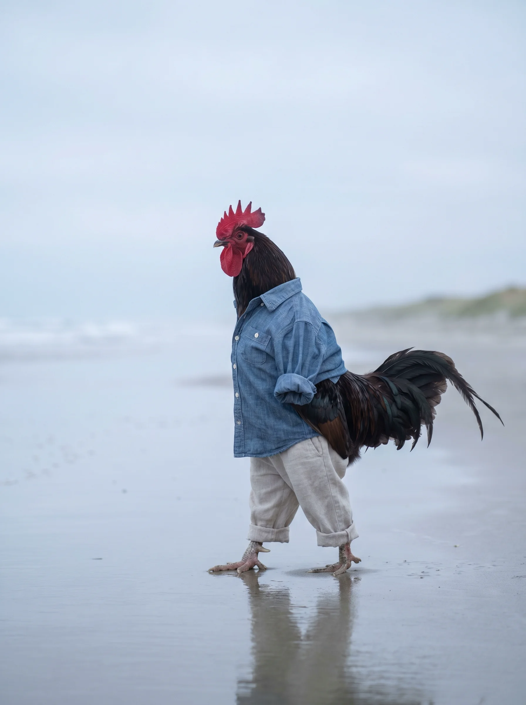A Copper Maran rooster in a faded chambray shirt and rolled oatmeal linen trousers, walking barefoot in profile along a wide empty beach at low tide, overcast sky reflected in wet sand, tail feathers trailing in the sea breeze