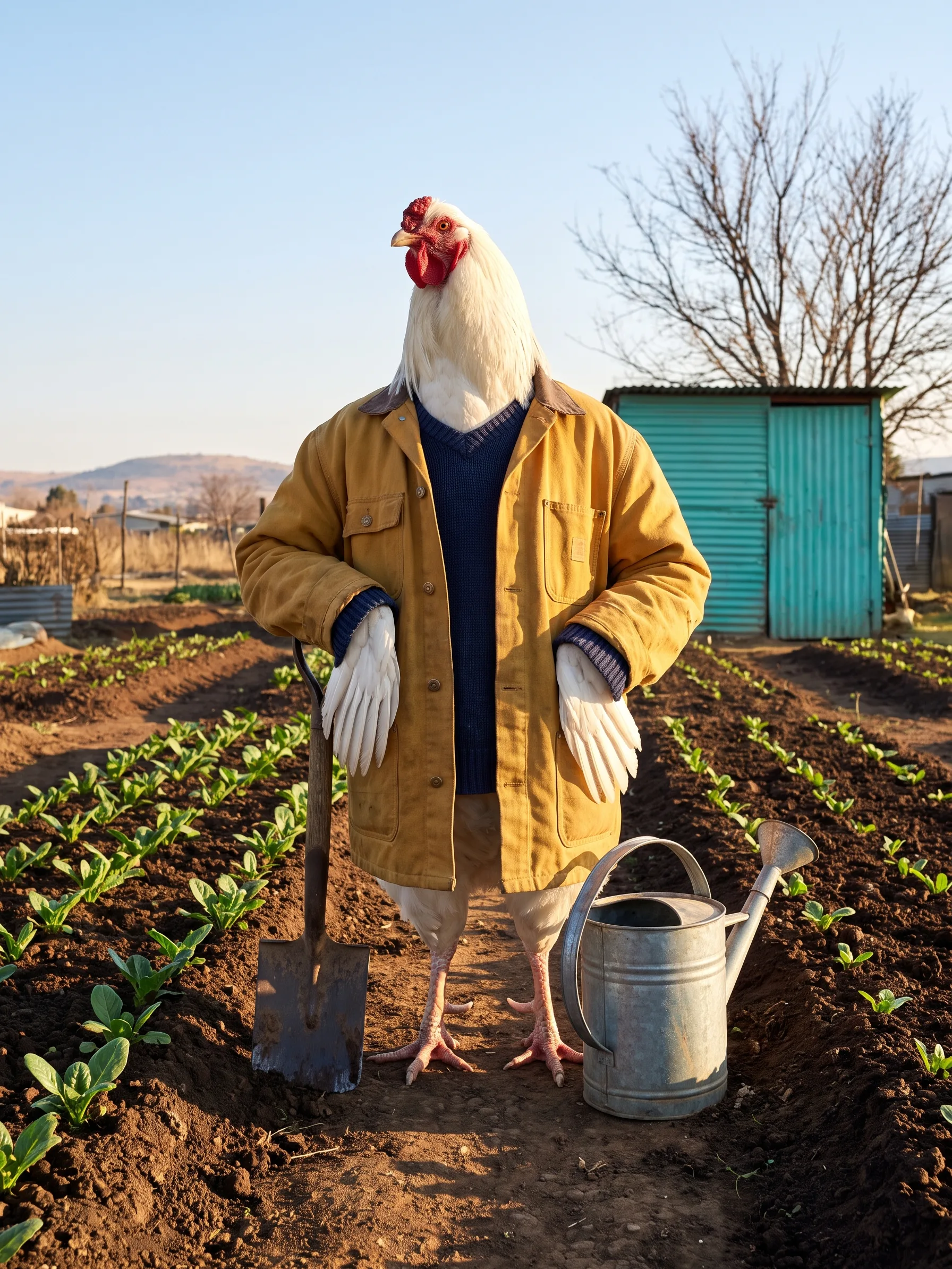 A White Sussex rooster with pure white plumage, standing upright like a gentleman in a mustard canvas chore jacket over a navy jersey in a community vegetable garden in Johannesburg on a clear winter morning, a spade upright in freshly turned soil, a galvanised watering can and rows of young spinach at his feet, a painted corrugated-iron shed behind