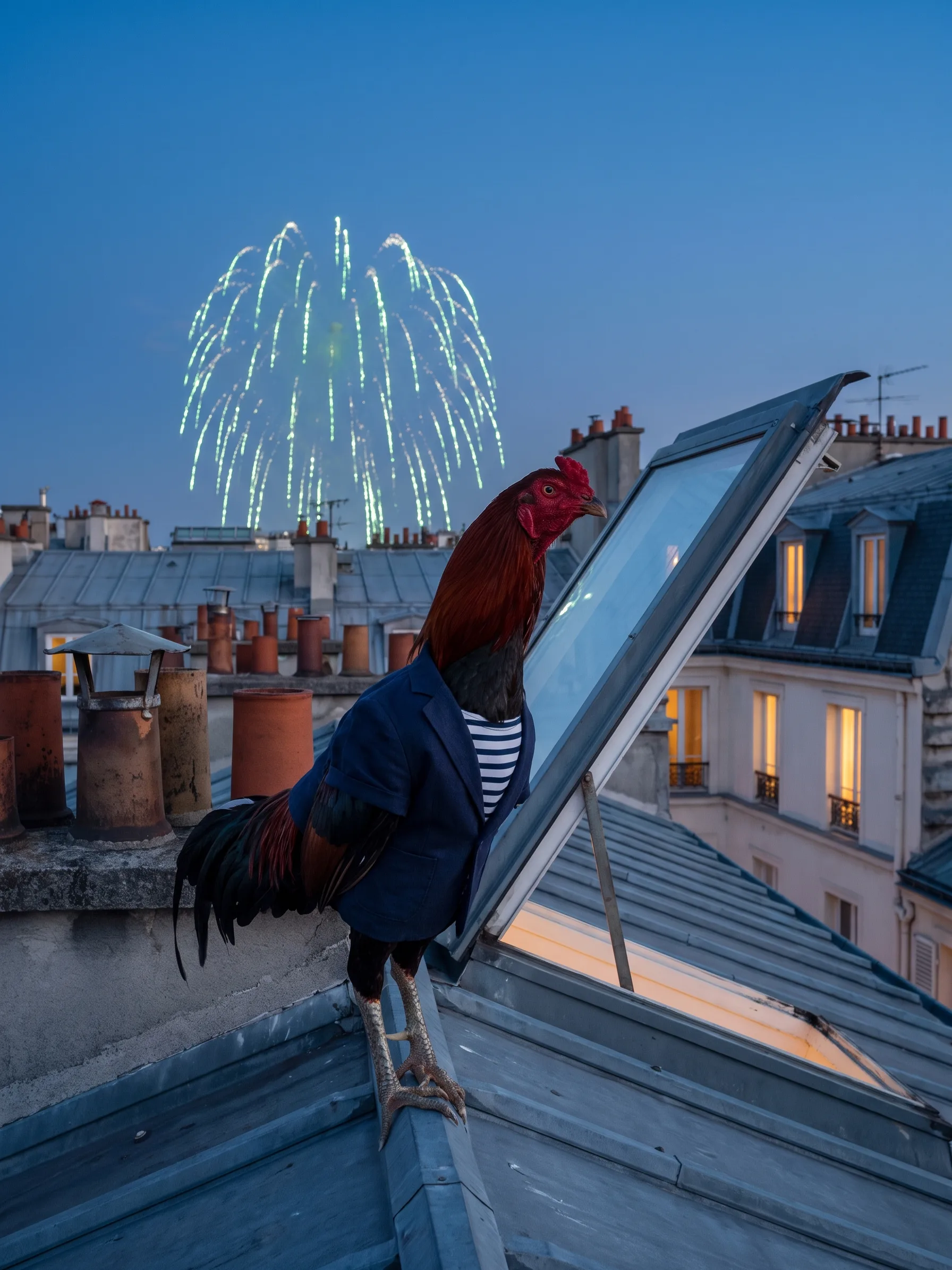 A Malay rooster with a tall upright stance, black breast and chestnut hackles in a navy linen jacket over a navy-and-white striped Breton shirt, perched on the grey zinc roof of a Paris apartment building beside an open skylight and terracotta chimney pots at blue hour, the rooftops stretching away and the trailing green streaks of a firework falling in the distance