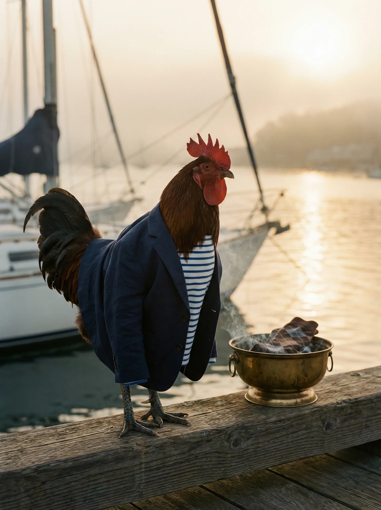 A Rhode Island Red rooster in a navy linen blazer and Breton-striped shirt standing on a weathered wooden dock beside a brass bowl of smoldering socks, sailboat masts and golden harbor light behind him at dawn