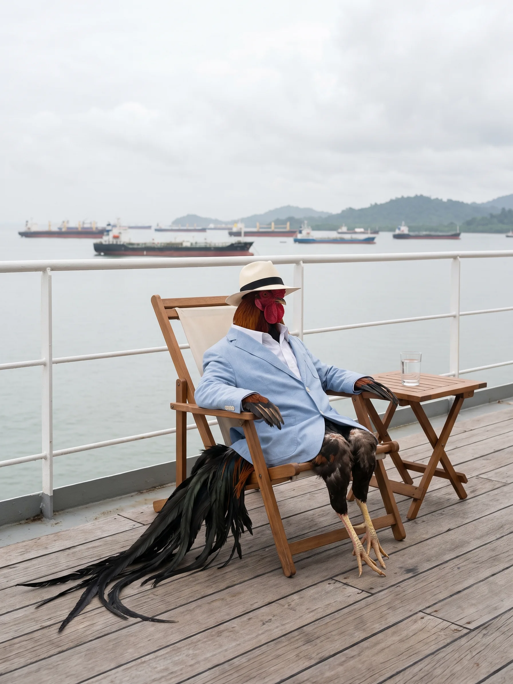 A black-breasted red Onagadori rooster with long orange-red hackles and a very long black tail trailing across the deck, seated upright in a wooden deckchair on the deck of a ship in a pale blue cotton jacket, white shirt and cream Panama hat, a glass of water on a folding table beside him, cargo ships and tankers at anchor on a flat grey sea beyond the white rail, green hills on the horizon under an overcast sky