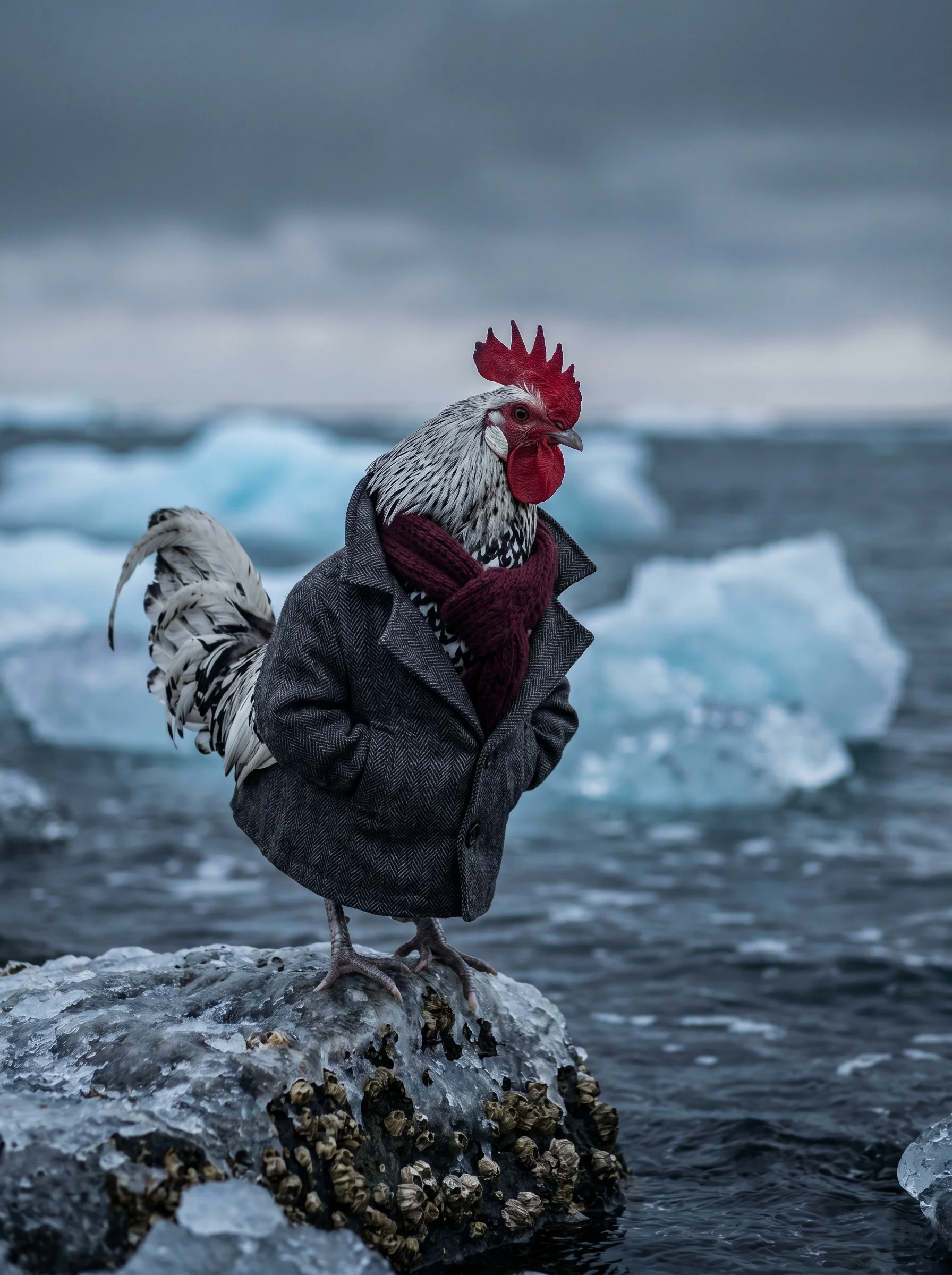 A Silver Spangled Hamburg rooster in a charcoal herringbone overcoat and burgundy wool scarf standing on an icy rock at the edge of a frozen shoreline, pale blue glacial ice floes in dark water behind him, overcast sky