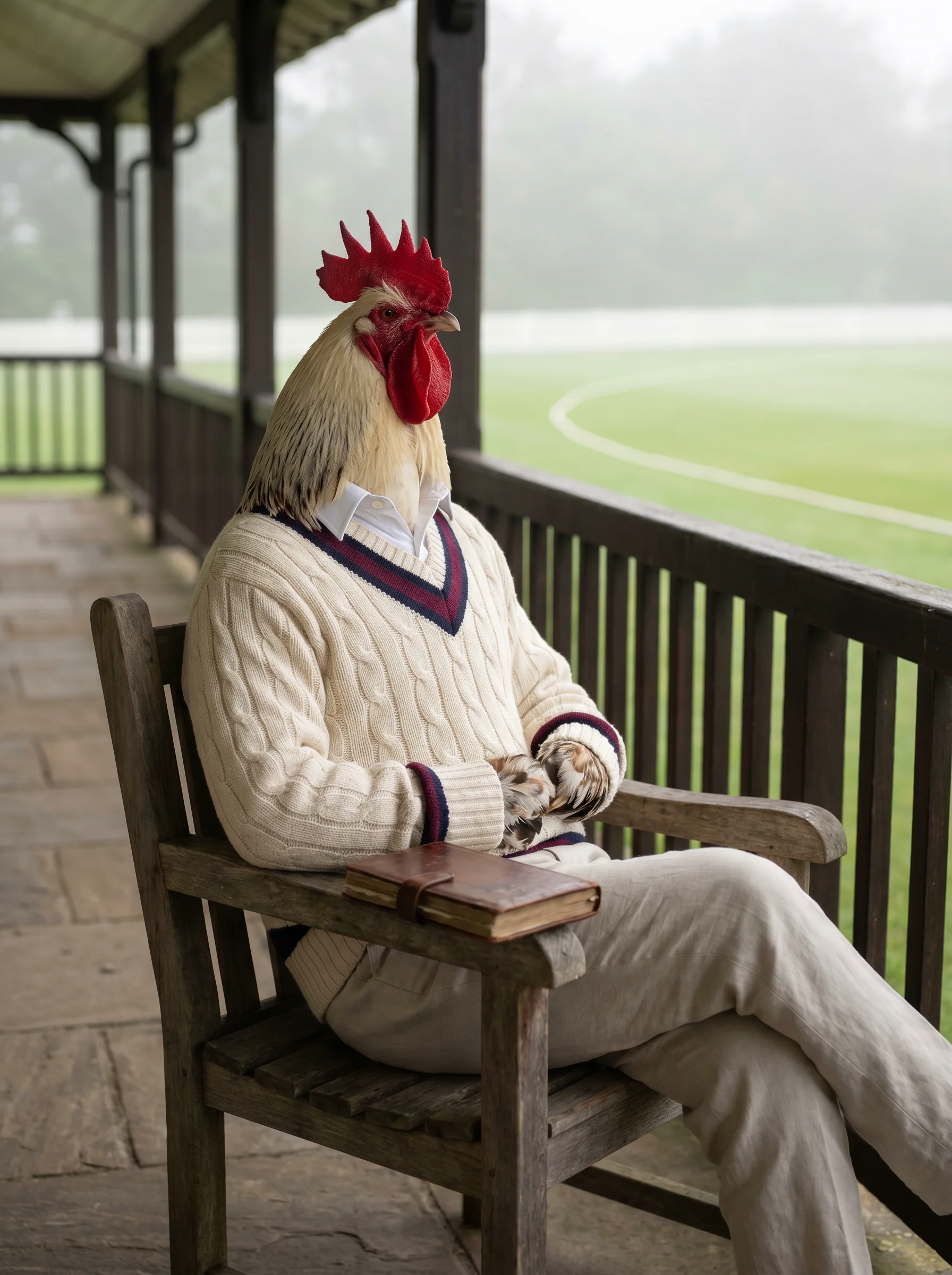 A Light Sussex rooster in a cream cable-knit cricket sweater with burgundy and navy V-stripe trim over a white Oxford shirt, seated in a weathered wooden chair on the veranda of an English cricket pavilion, a leather-bound scorebook on his lap, misty green cricket pitch stretching into soft bokeh beyond the railing