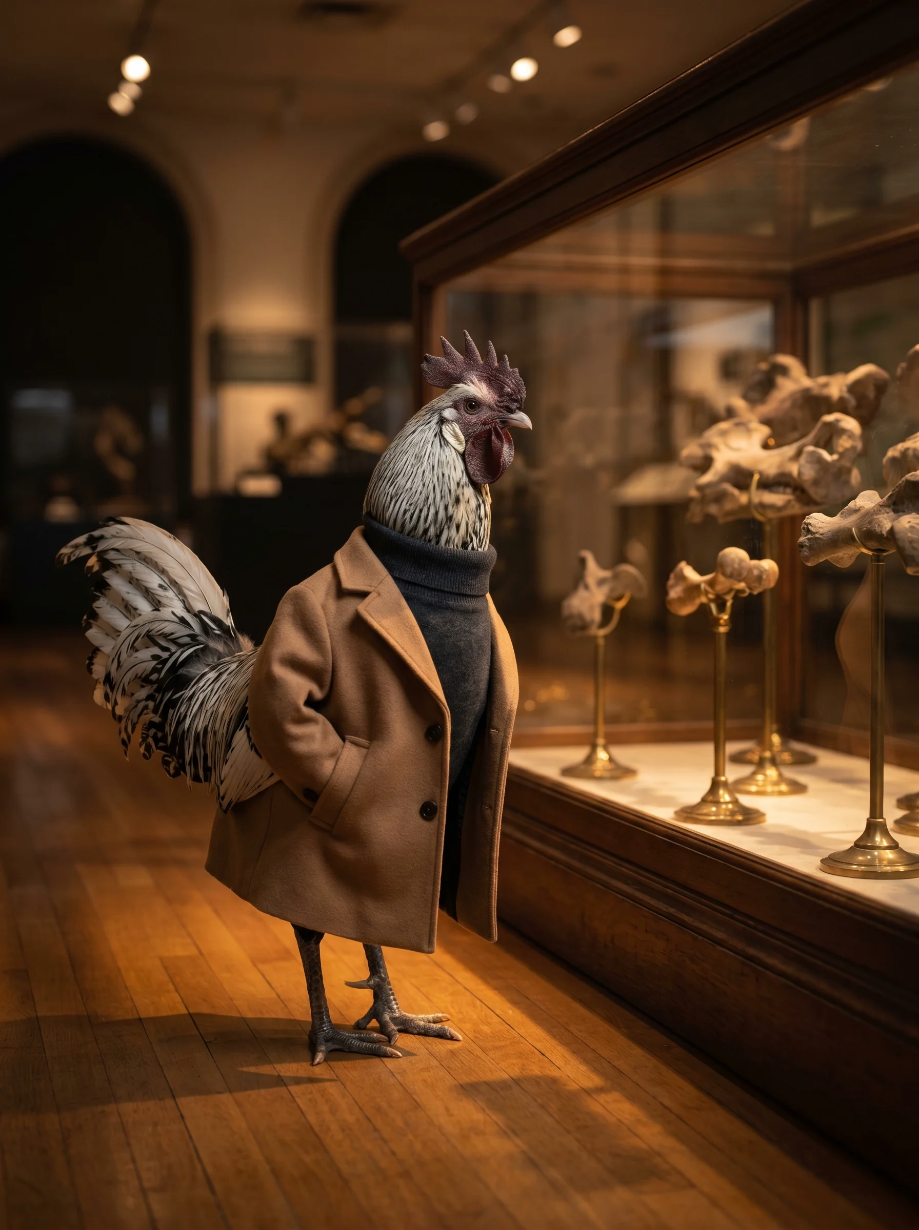A Silver Spangled Hamburg rooster in a camel wool overcoat over a charcoal turtleneck, standing on polished hardwood in a natural history museum gallery, gazing at fossil bones mounted on brass armatures inside a large glass display case, warm amber gallery spotlights