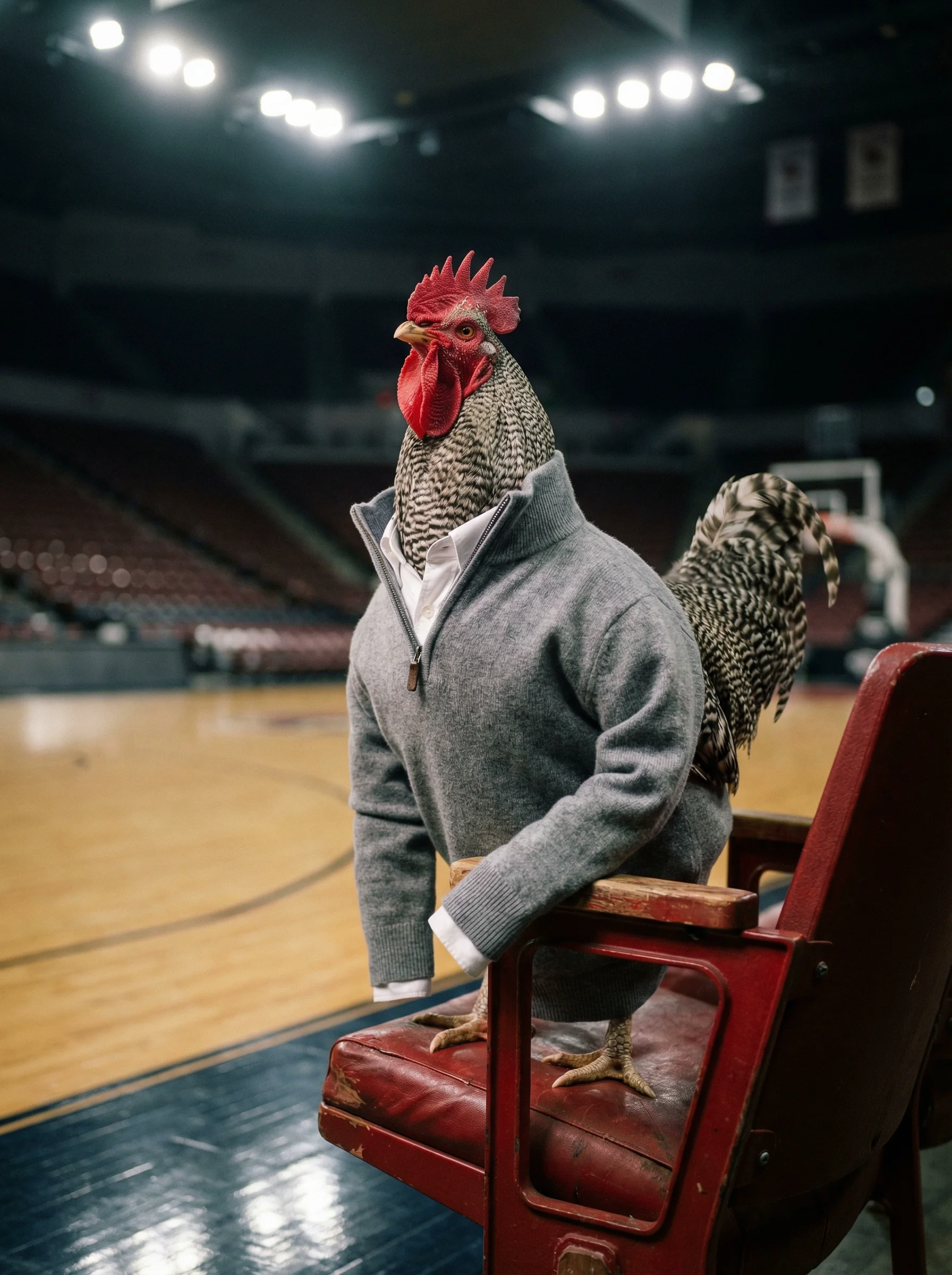 A Barred Plymouth Rock rooster in a heather grey cashmere half-zip sweater and dark chinos perched on a red stadium seat in an empty basketball arena, overhead arena lights creating dramatic top-down lighting, the hardwood court visible far below