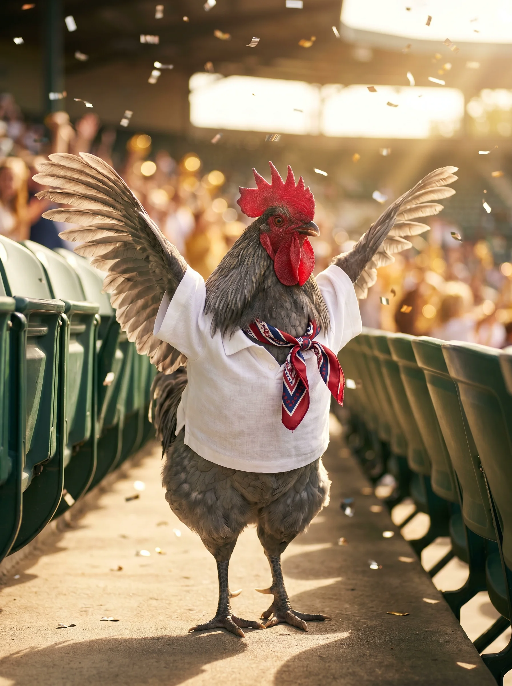 An Ameraucana rooster with slate-blue plumage in a white polo shirt and red-white-and-blue scarf standing between green stadium seats with wings spread wide in celebration, golden sunlight streaming through an open roof, crowd in warm bokeh behind, confetti falling around him