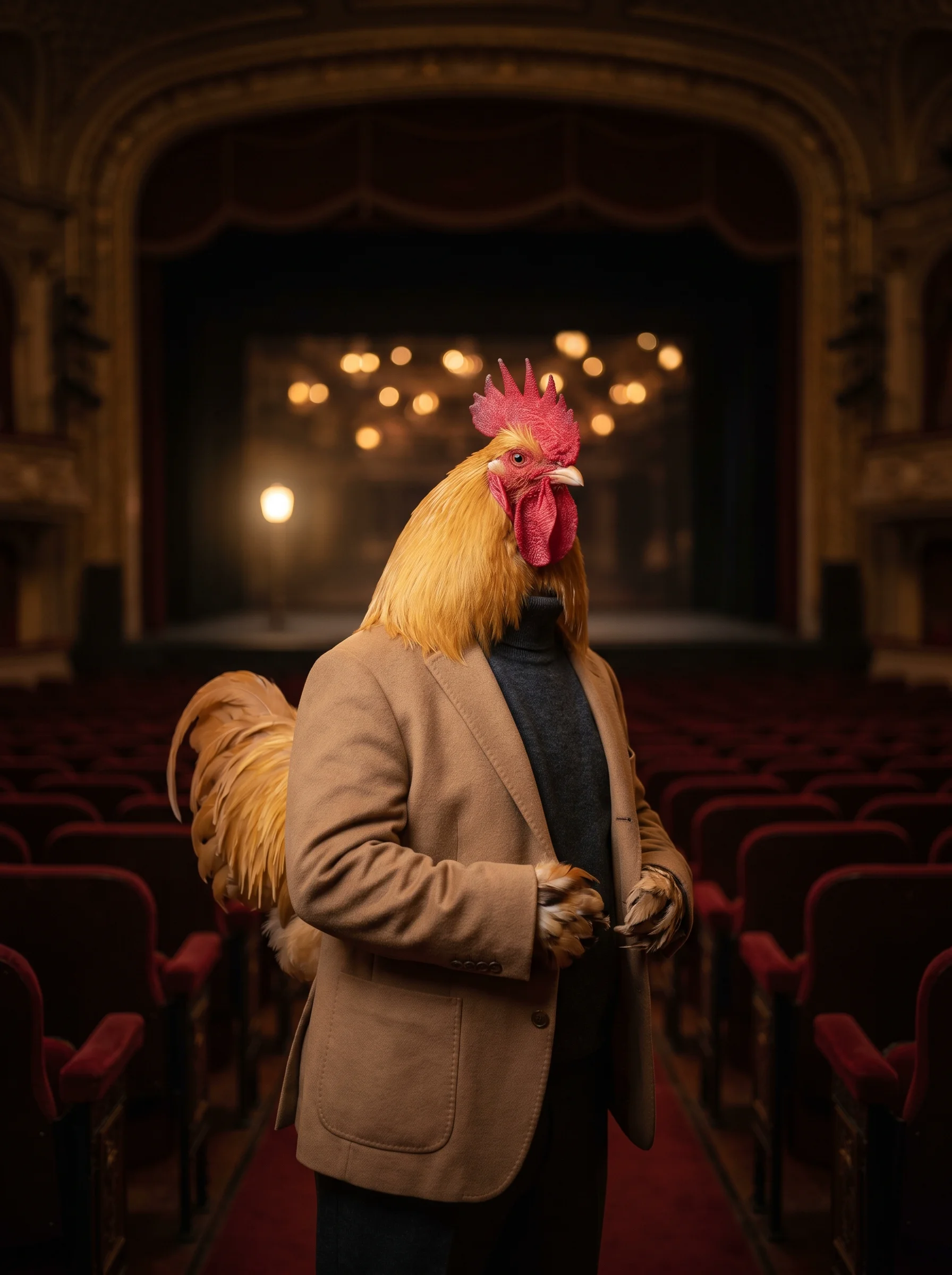 A Buff Orpington rooster in a charcoal turtleneck and camel hair sport coat standing in the center aisle of an empty grand theater, crimson velvet seats on either side, ornate proscenium arch and warm bokeh stage lights behind him