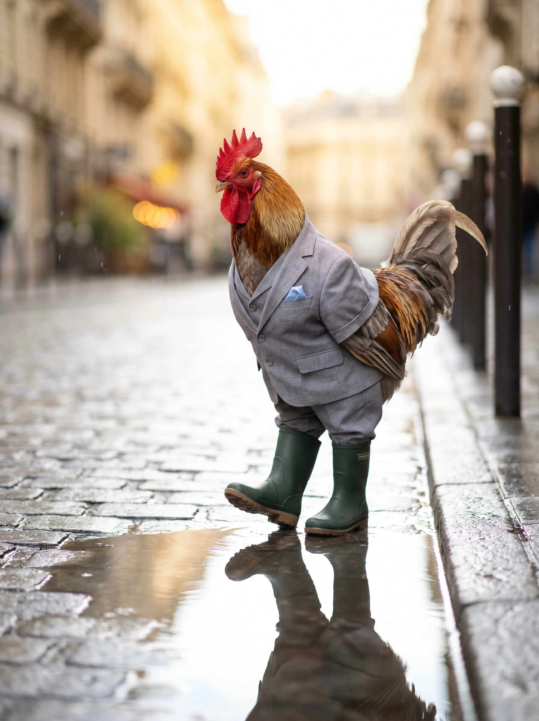 A Welsummer rooster in a dove-gray linen suit with pale blue pocket square and dark green Wellington boots, paused at the edge of a rain puddle on a wet cobblestone European city street, his reflection visible in the still water, bright diffused post-rain light with bokeh city background