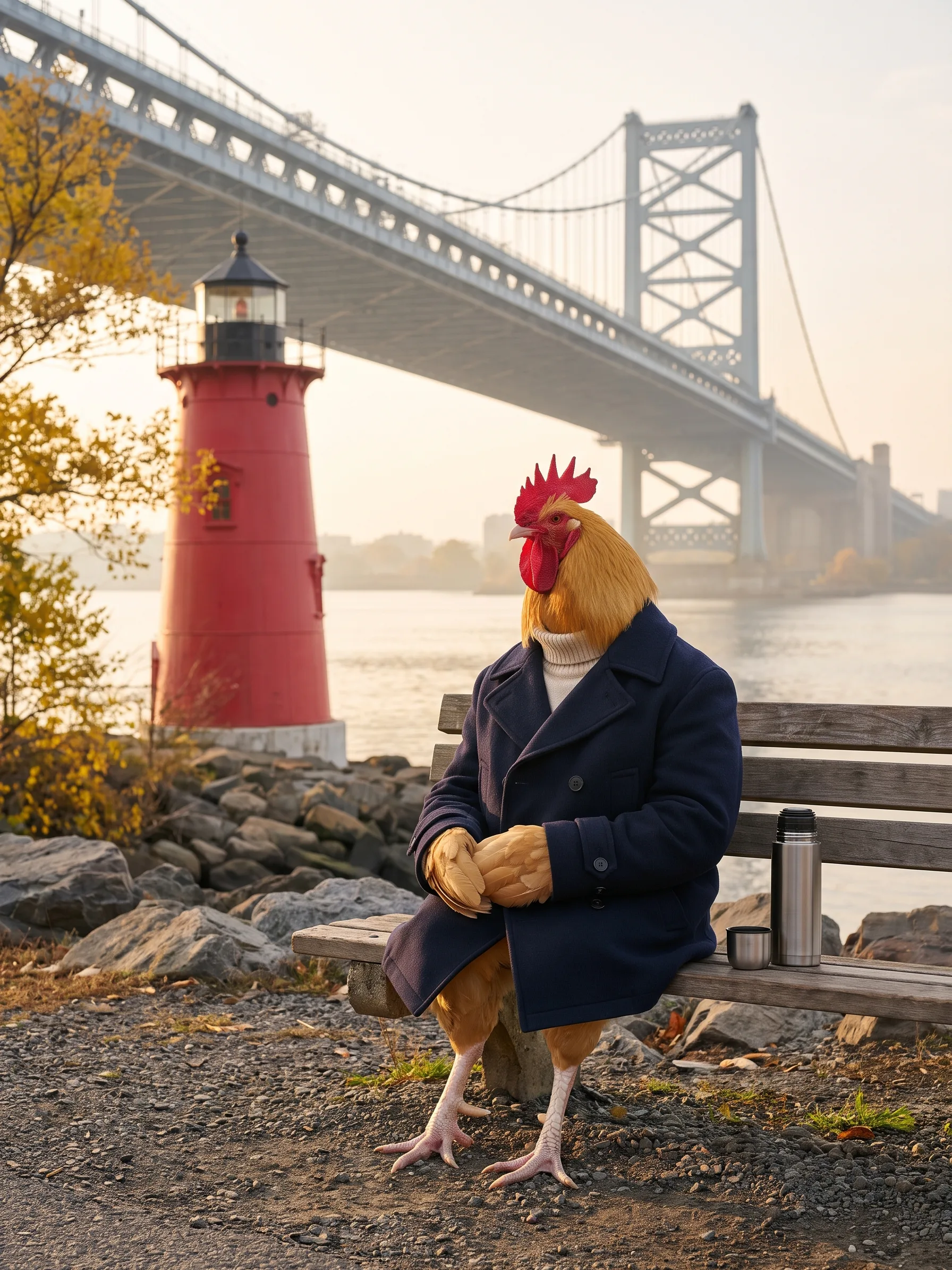 A Buff Orpington rooster with smooth golden-buff plumage in a navy wool pea coat over a cream roll-neck, seated upright on a wooden park bench on the rocky bank of the Hudson River, folded wing feathers resting in his lap and scaled rooster legs standing on the gravel path, a small red cast-iron lighthouse on the rocks behind him and the grey steel towers of a great suspension bridge rising behind, a steel vacuum flask and its cup on the bench, golden late-afternoon autumn light