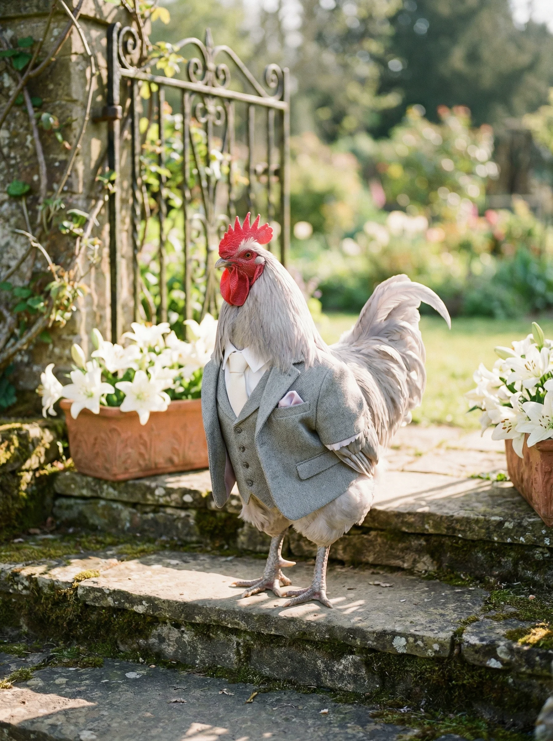 A Lavender Orpington rooster in a dove grey three-piece suit with a lilac pocket square standing at the top of weathered limestone steps beside a wrought iron garden gate, white lilies in terracotta pots flanking the steps, soft morning sunlight filtering through a lush garden behind