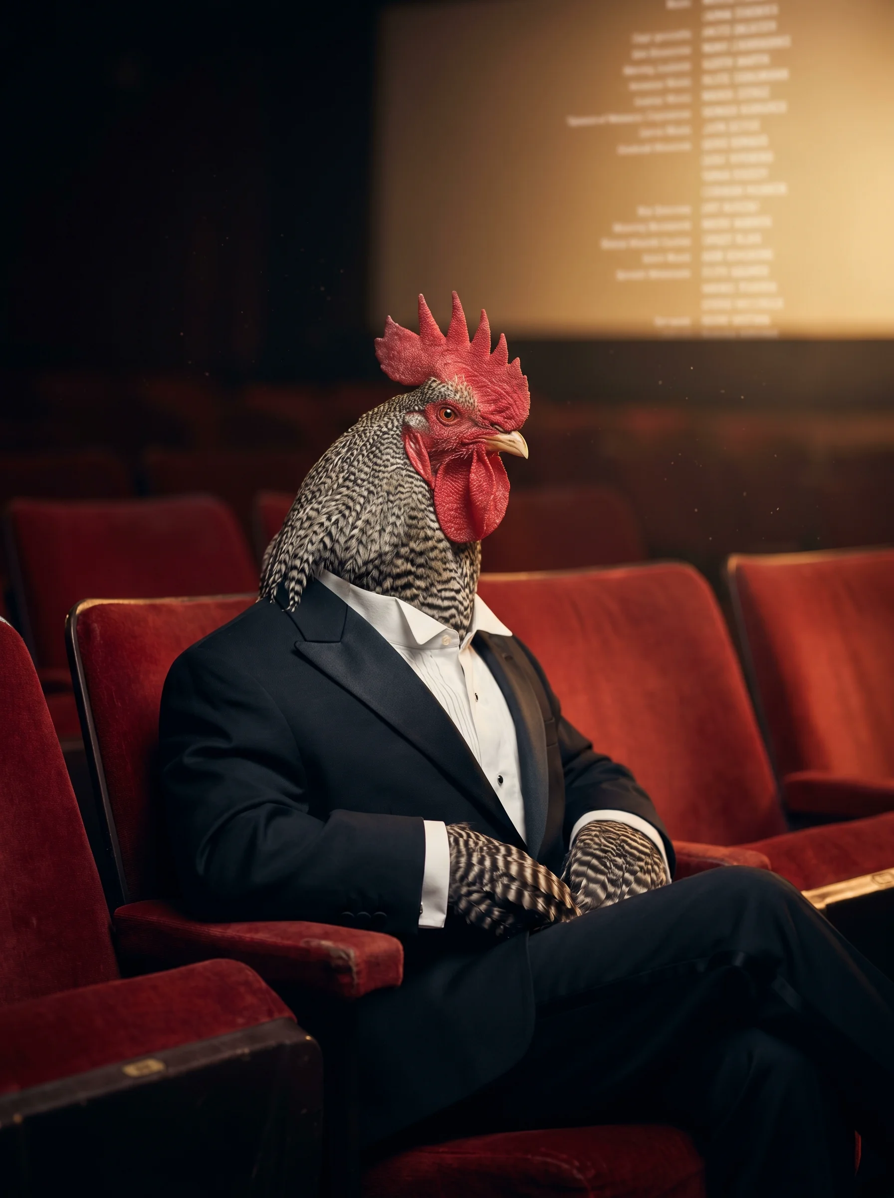A Barred Plymouth Rock rooster in a black tuxedo with satin lapels and white dress shirt seated alone in a plush red velvet theater, end credits scrolling on the distant cinema screen in warm defocused light, empty seats surrounding him, cinematic chiaroscuro lighting