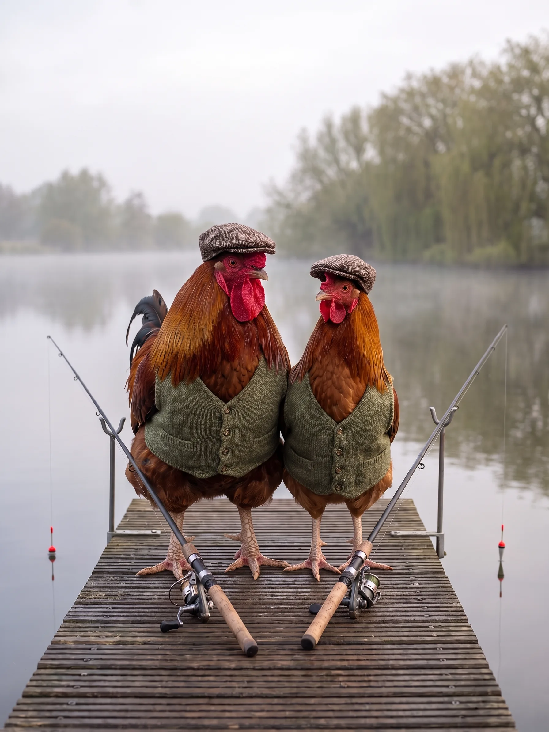 Two Red Sussex roosters with deep mahogany-red plumage and black tails, one older and heavier, one young and slighter, in matching brown herringbone tweed flat caps and moss-green knitted waistcoats, standing side by side at the end of a wooden jetty on a misty river in the early morning, two fishing rods resting on the boards and on rod rests in front of them, red-tipped floats on the still water, willows on the far bank