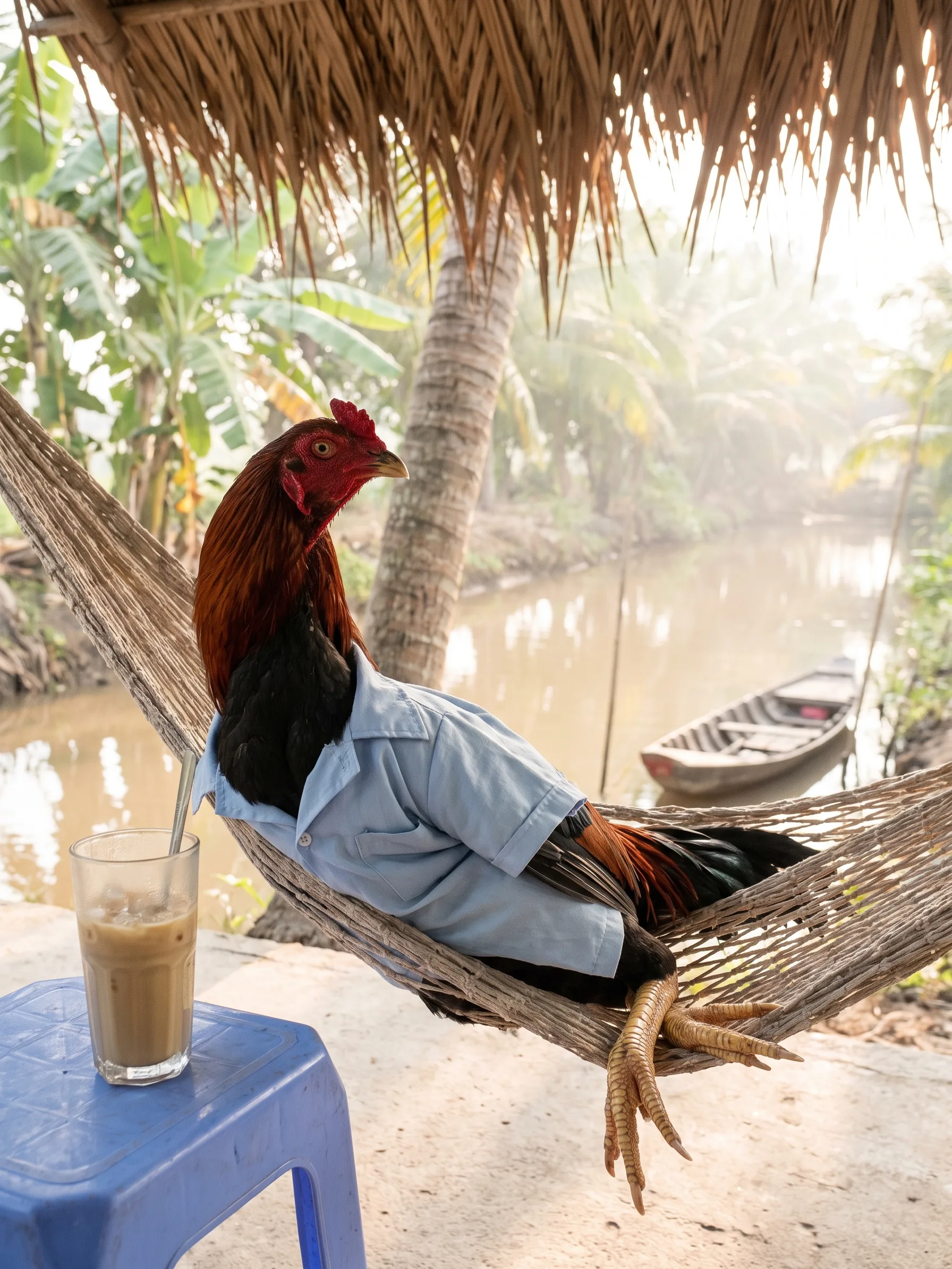 A Malay rooster with a tall upright build, black breast and chestnut hackles in a short-sleeved pale blue camp-collar shirt, reclining in a knotted rope hammock under a palm-thatch roof at a roadside café in the Mekong Delta, a tall glass of iced coffee on a low blue plastic stool beside him, banana palms, a wooden boat and a quiet canal in hazy afternoon light