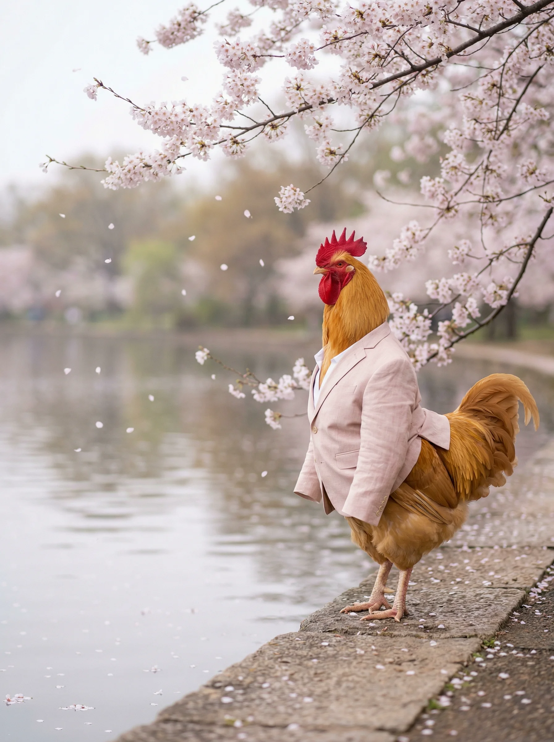 A Buff Orpington rooster in a pale blush linen suit standing at the stone edge of the Tidal Basin beneath cascading cherry blossom branches, petals drifting through the air and floating on still water, soft overcast spring light
