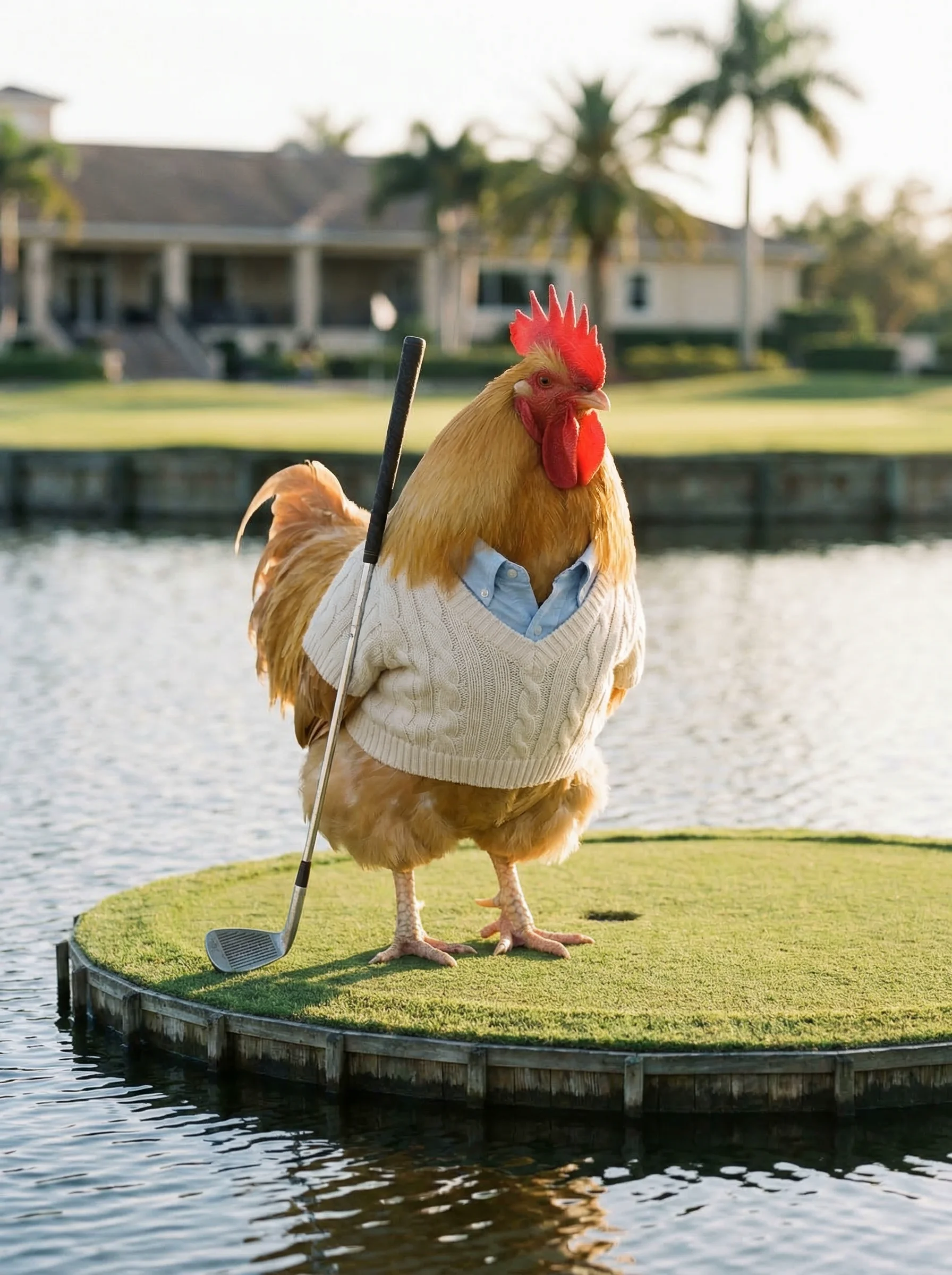 A Buff Orpington rooster in a cream cable-knit sweater and blue oxford shirt standing on a small island green surrounded by water, a golf iron leaning against him, golden late-afternoon Florida light