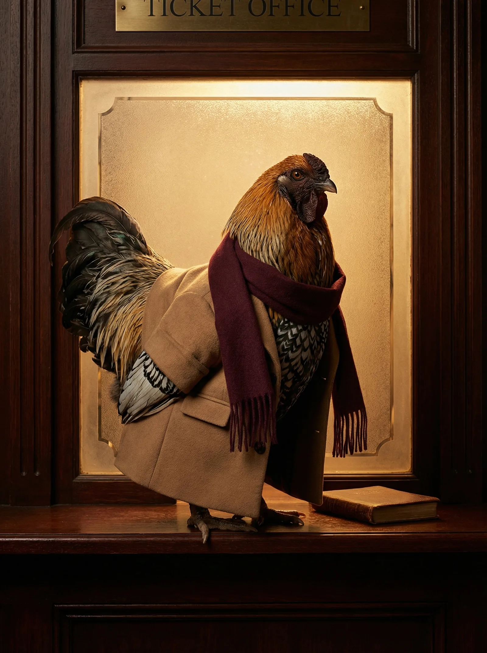 A rooster in a camel overcoat and burgundy cashmere scarf standing at a mahogany ticket office window, warm golden light from frosted glass behind him