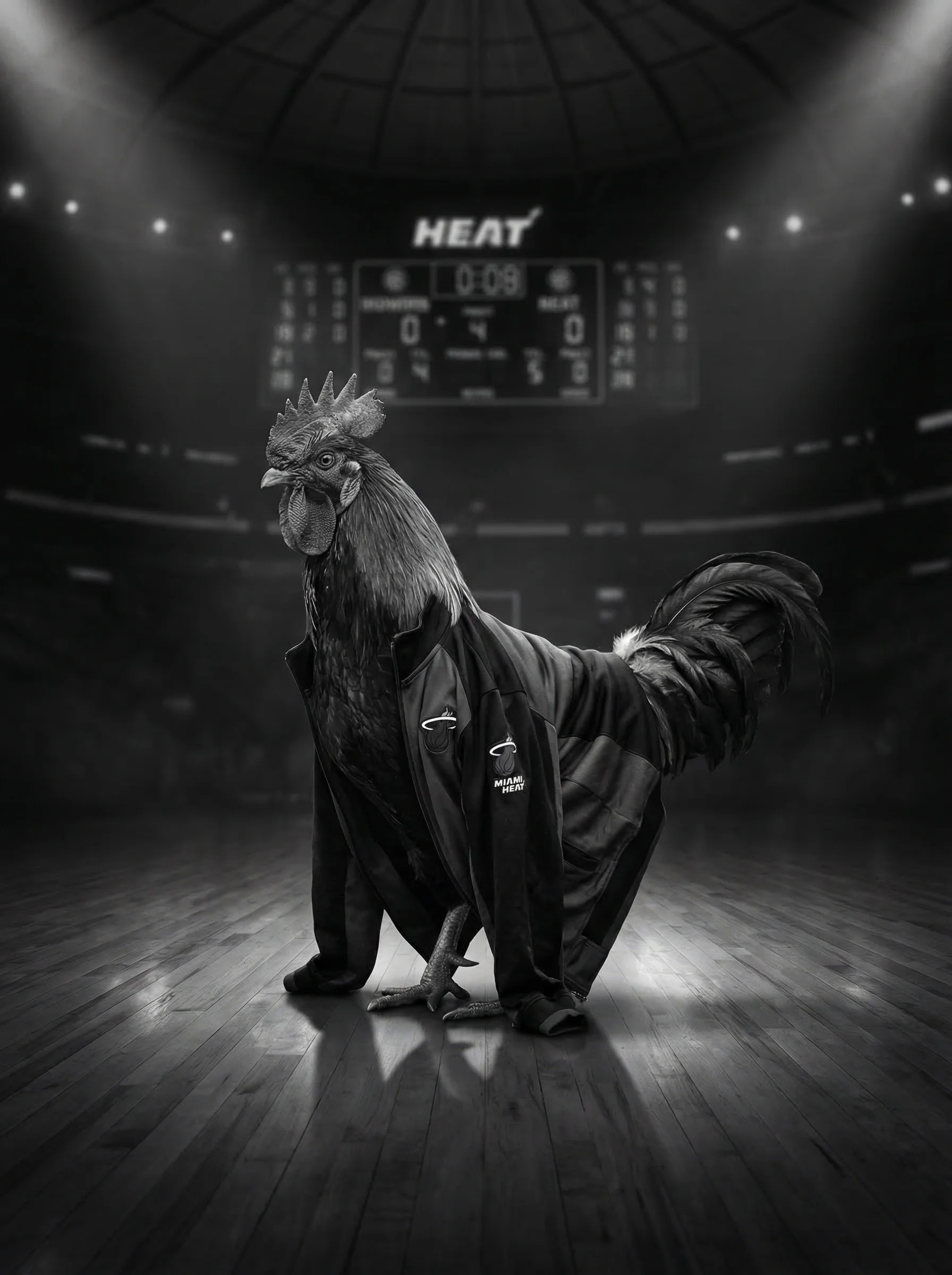 A dark-feathered rooster in an unzipped black warm-up jacket standing alone at center court of an empty professional basketball arena, scoreboard glowing faintly behind him, dramatic overhead lighting casting a single shadow on the polished hardwood floor