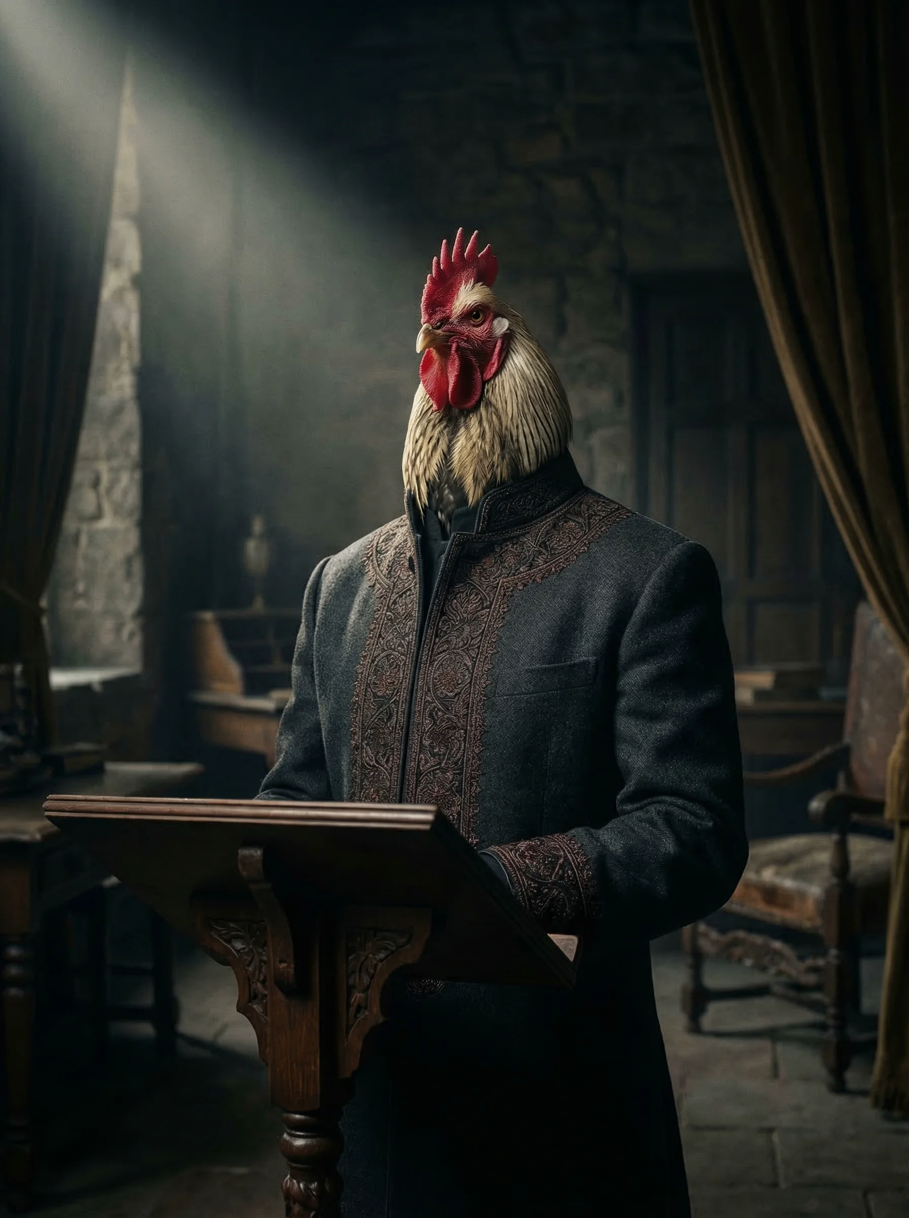 A Brahma rooster in an embroidered charcoal Nehru-collar jacket, lit by a single shaft of side light against a dark background, expression grave and composed