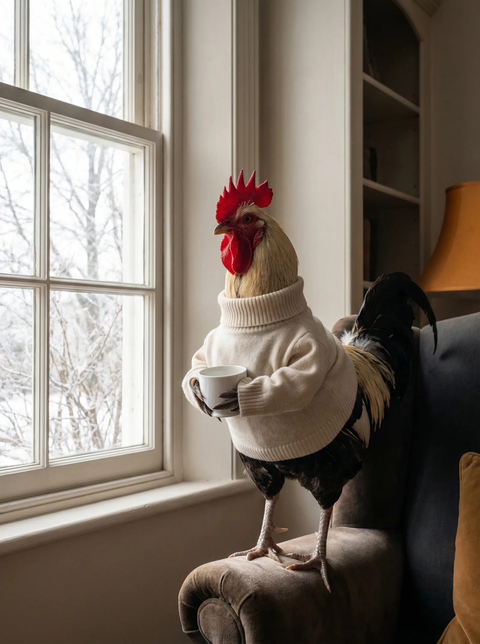 A rooster in a cream cashmere turtleneck sweater stands on an armchair beside a tall window, holding a white coffee cup, gazing out at snow-covered bare trees on a still winter morning.