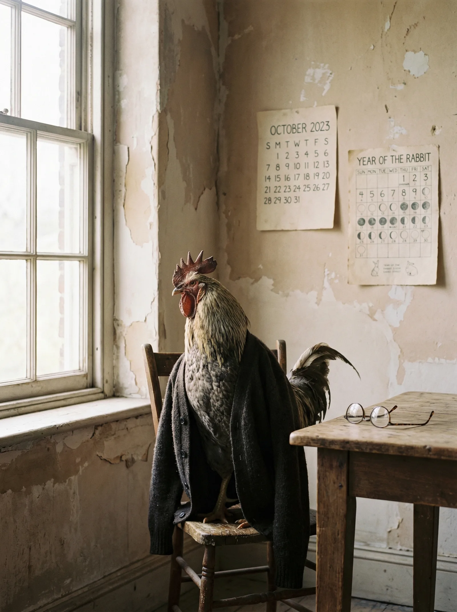 An elder statesman in reading glasses and a wool cardigan, seated by a window with morning light, two calendars visible on the wall behind him