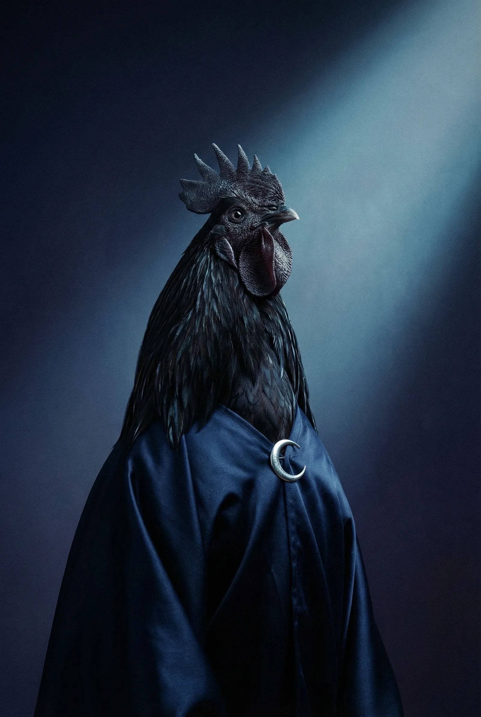 A distinguished rooster in a midnight-blue silk robe with a silver crescent brooch at the collar, photographed against a deep indigo backdrop with a diagonal beam of moonlight, composed and still, gaze turned slightly upward