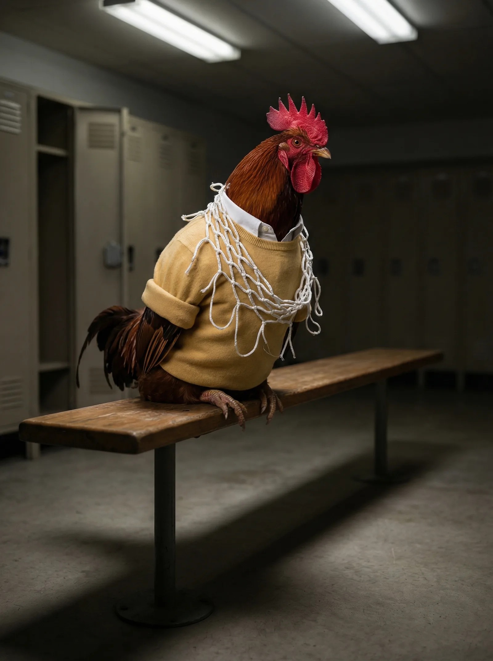 A Rhode Island Red rooster in a maize-gold cashmere sweater seated alone on a wooden bench in a dim locker room, a cut basketball net draped around his neck, fluorescent lights casting long shadows across concrete floor, lockers visible behind him