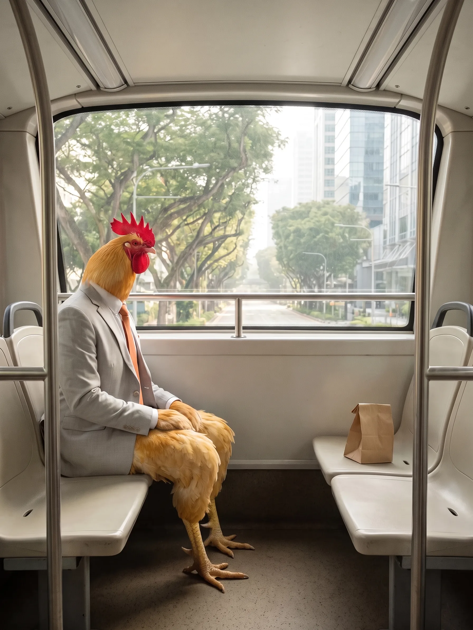 A Buff Plymouth Rock rooster with solid golden-buff plumage in a pale grey suit jacket, white shirt and tangerine tie, seated upright like a gentleman on a bus seat by a wide window, folded wing feathers resting in his lap, his feathered thighs and scaled yellow rooster legs reaching to the floor, a small brown paper bag on the empty seat across from him, a tree-lined tropical avenue and tall glass buildings in hazy sunshine outside