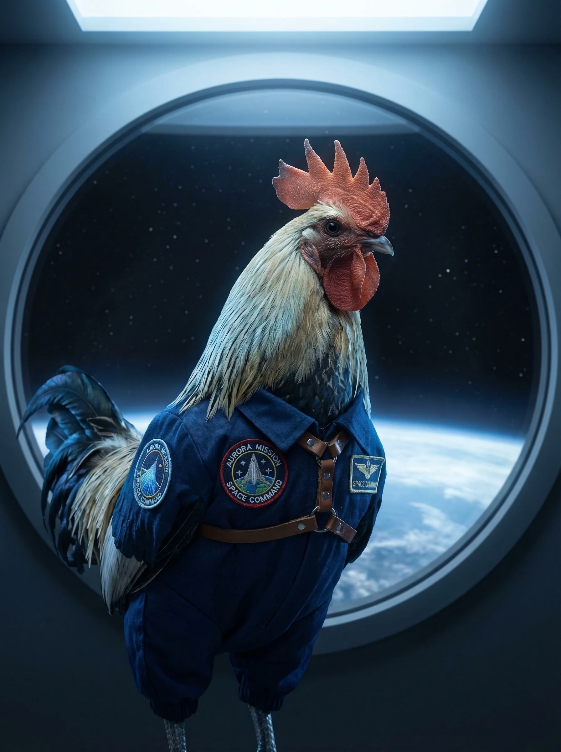 A rooster in a navy flight suit with mission patches standing before a large circular observation window showing Earth's curved horizon and the darkness of space, cool blue-white lighting from above and from the planet below