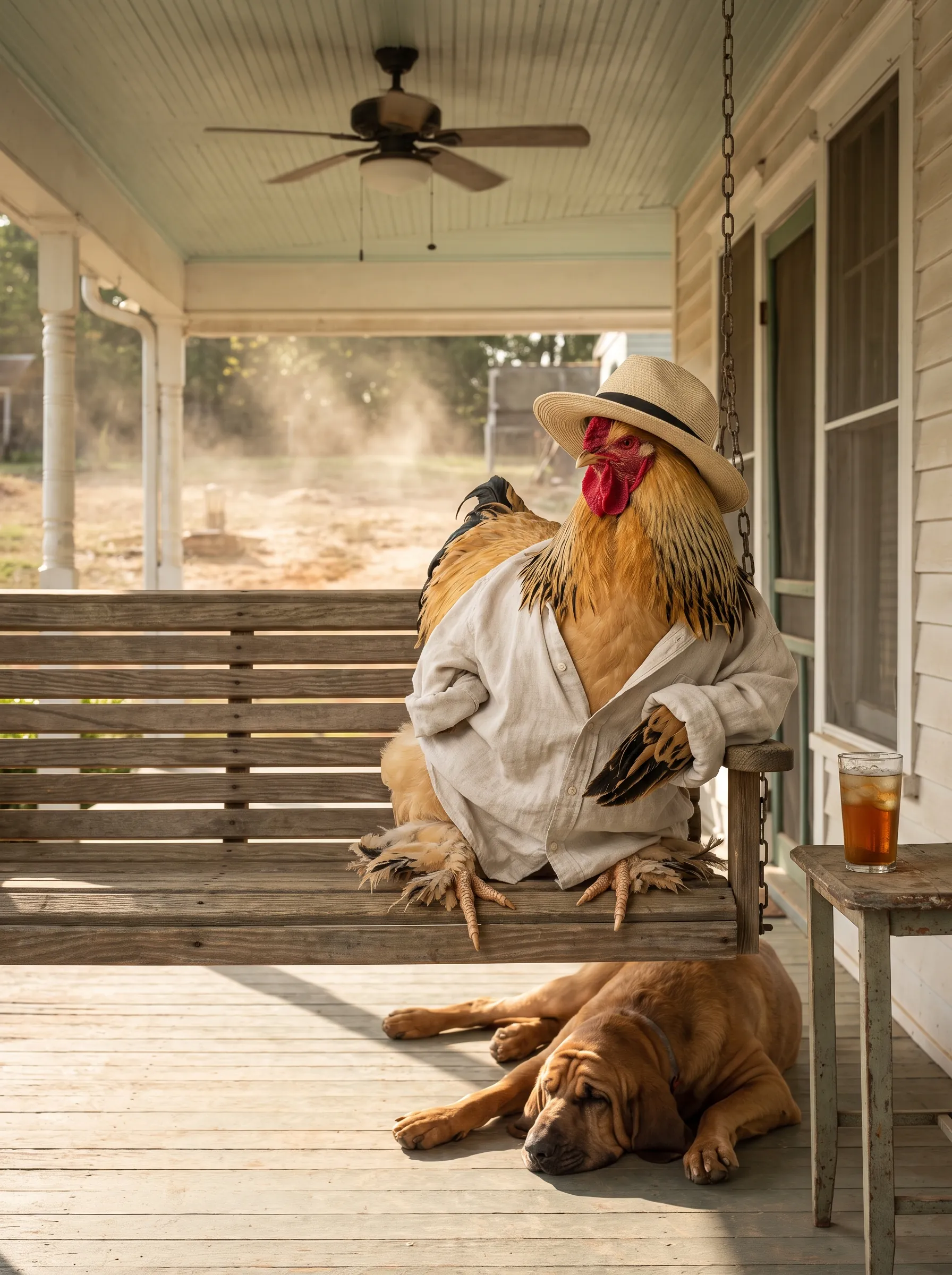 A Buff Brahma rooster with golden plumage, black-laced hackles and feathered feet in a rumpled oatmeal linen shirt and a straw panama hat, resting on a wooden porch swing on a shaded farmhouse porch, a bloodhound asleep on the boards below and a glass of iced tea on a side table, a ceiling fan turning overhead and the yard shimmering in the heat beyond